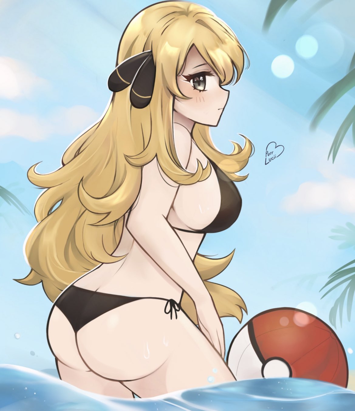 1girls, ass, blonde, blonde female, blonde hair, blonde-haired female, breasts, cynthia (pokemon), female, female only, light skin, light-skinned female, nintendo, pokemon, pokemon champion, purrlucii, sideboob, solo, water