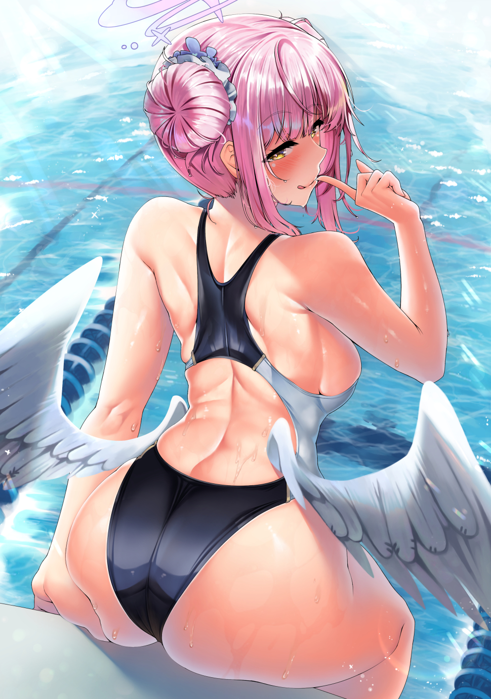 1girls angel_wings ass back bare_shoulders blue_archive blush breasts double_bun from_behind hair_bun halo kawai_(purplrpouni) large_breasts licking_lips looking_back medium_hair mika_(blue_archive) one-piece_swimsuit pink_hair sideboob swimsuit tea_party_(blue_archive) thighs trinity_general_school_student yellow_eyes