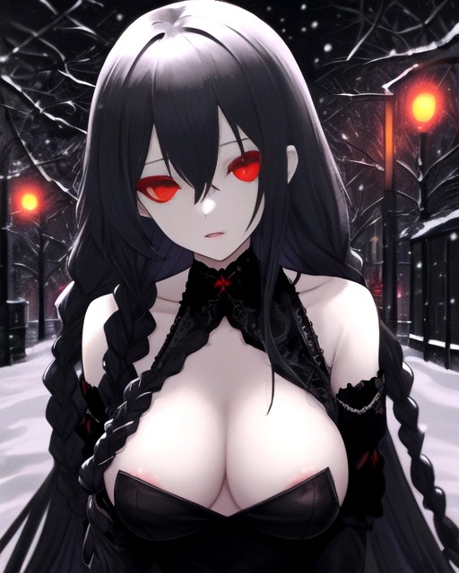 ai_generated black_hair demon demon_girl female female_focus female_only nipple_slip original_character red_eyes snow snowing street street_lights tree trees