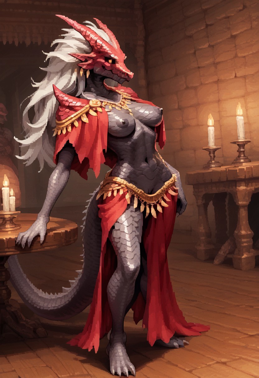 ai_generated ancient_dragon_florissax big_breasts civitai dragon dragon_communion_priestess dragon_girl elden_ring fromsoftware large_breasts pixel_art sagging_breasts scales scalie shadow_of_the_erdtree tail thick_ass thick_thighs white_hair yellow_eyes