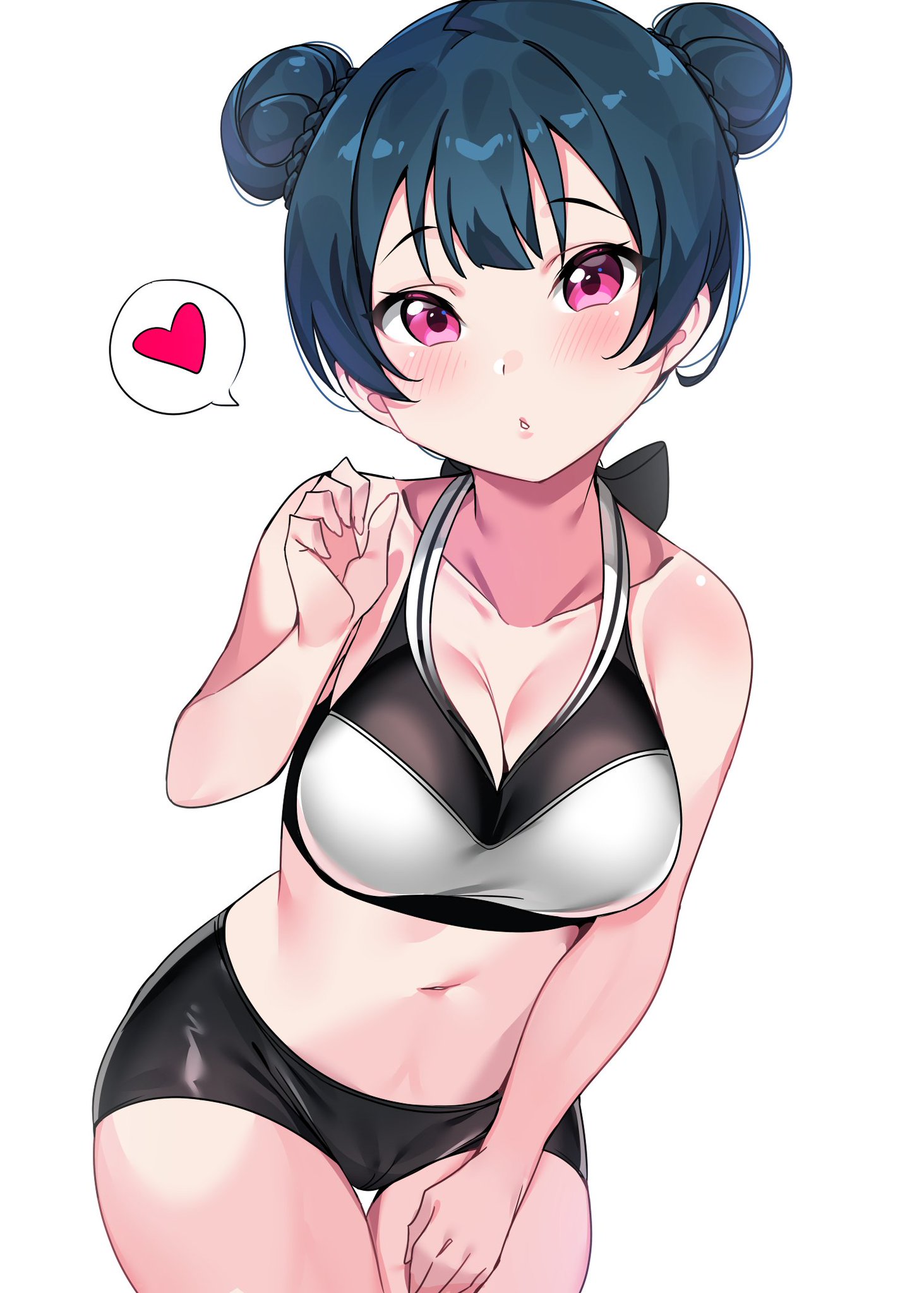 1girls, alternate hairstyle, bare shoulders, blue hair, blush, female, heart, love live!, love live! sunshine!!, navel, purple eyes, short hair, simple background, solo, source request, tem10, tsushima yoshiko