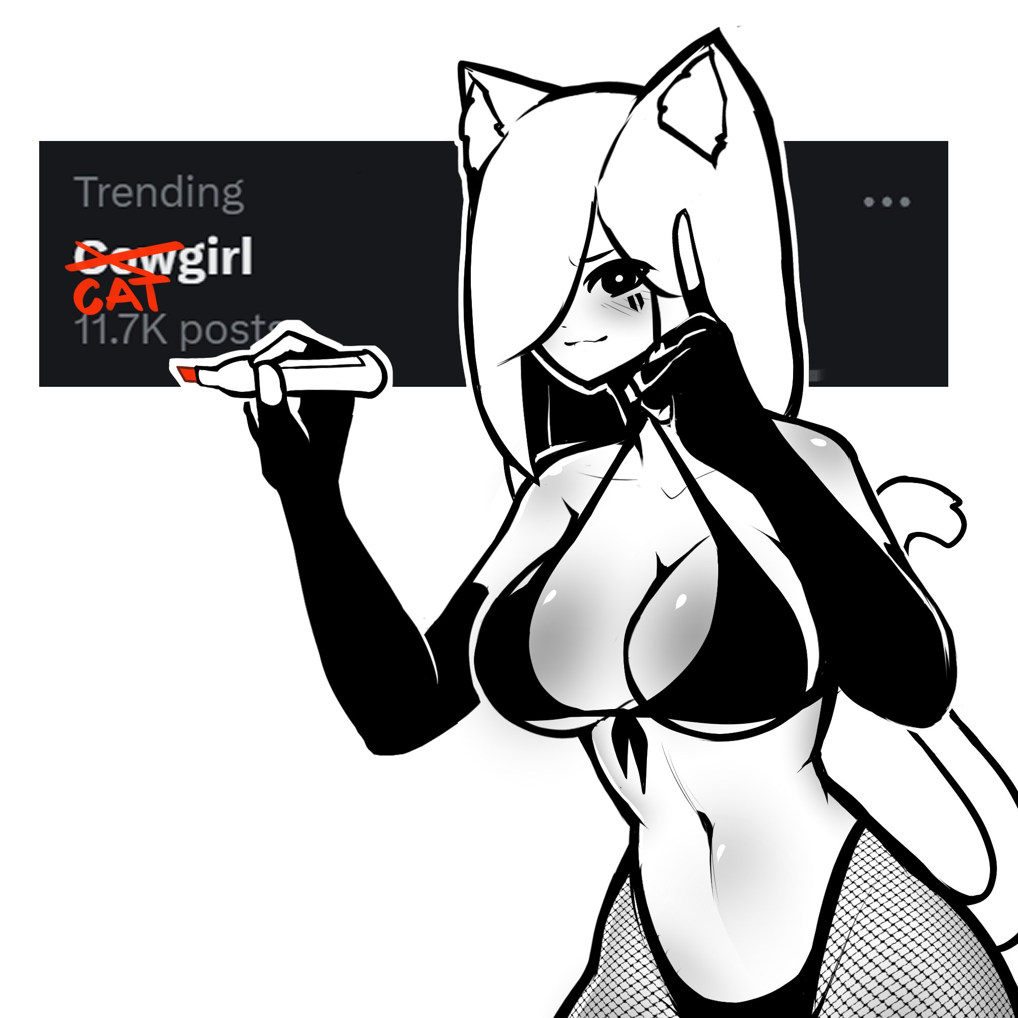 1girls, 2024, animal ears, bikini, black bikini, black eyes, blush, body blush, breasts, cat ears, cat girl, cat tail, catgirl, cleavage, elbow gloves, facial markings, female, fingerless gloves, fishnets, gloves, hair over one eye, highleg bikini, long gloves, marker, navel, original, standing, tagme, tail, tekona, white hair