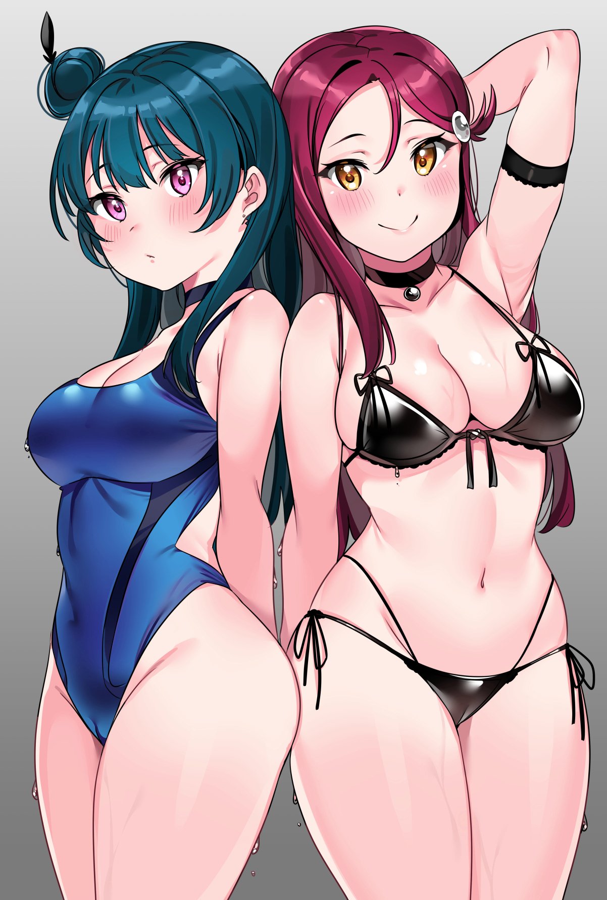 2girls, armpits, bell collar, bikini, blue hair, blush, breasts, collar, female, hair bun, hands behind back, large breasts, long hair, looking at viewer, love live!, love live! sunshine!!, pink eyes, red hair, sakurauchi riko, smile, source request, swimsuit, tem10, thick thighs, tsushima yoshiko, wet, wide hips, yellow eyes