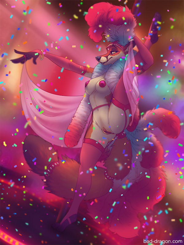 1girls anthro bad_dragon boa breasts canine confetti feathers female female_only fox furry garter_straps half-closed_eyes jewelry looking_away nude official_art pussy smile solo splits stockings stripper stripper_pole thighhighs tiptoes yellow_eyes zoie_(bad_dragon)