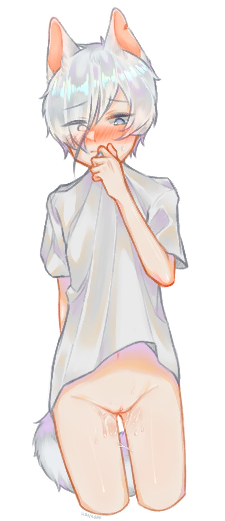 1girls, antarcticite (land of the lustrous), embarrassed, female, genderswap, hanashi, land of the lustrous, presenting pussy, pussy, rule 63, white hair