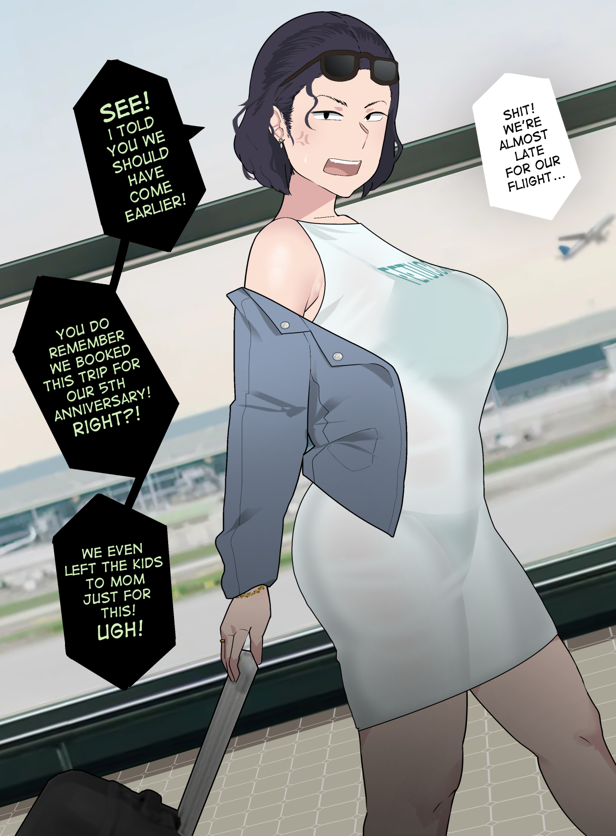 angry, big breasts, breasts, dialogue, english text, female, milf, ntrman, see-through, see-through clothing, text