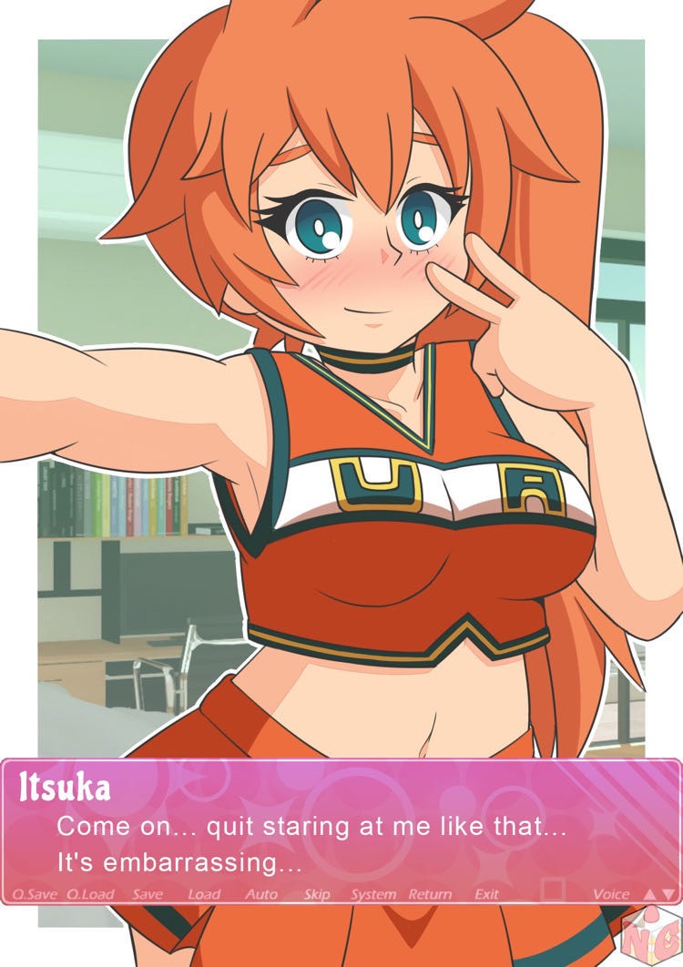 alternate_version_available blue_eyes blush breasts cheerleader cheerleader_uniform female female_only itsuka_kendou kendou_itsuka my_hero_academia negicake peace_sign ponytail pose posing red_hair selfie smile solo u.a._cheerleader_outfit v