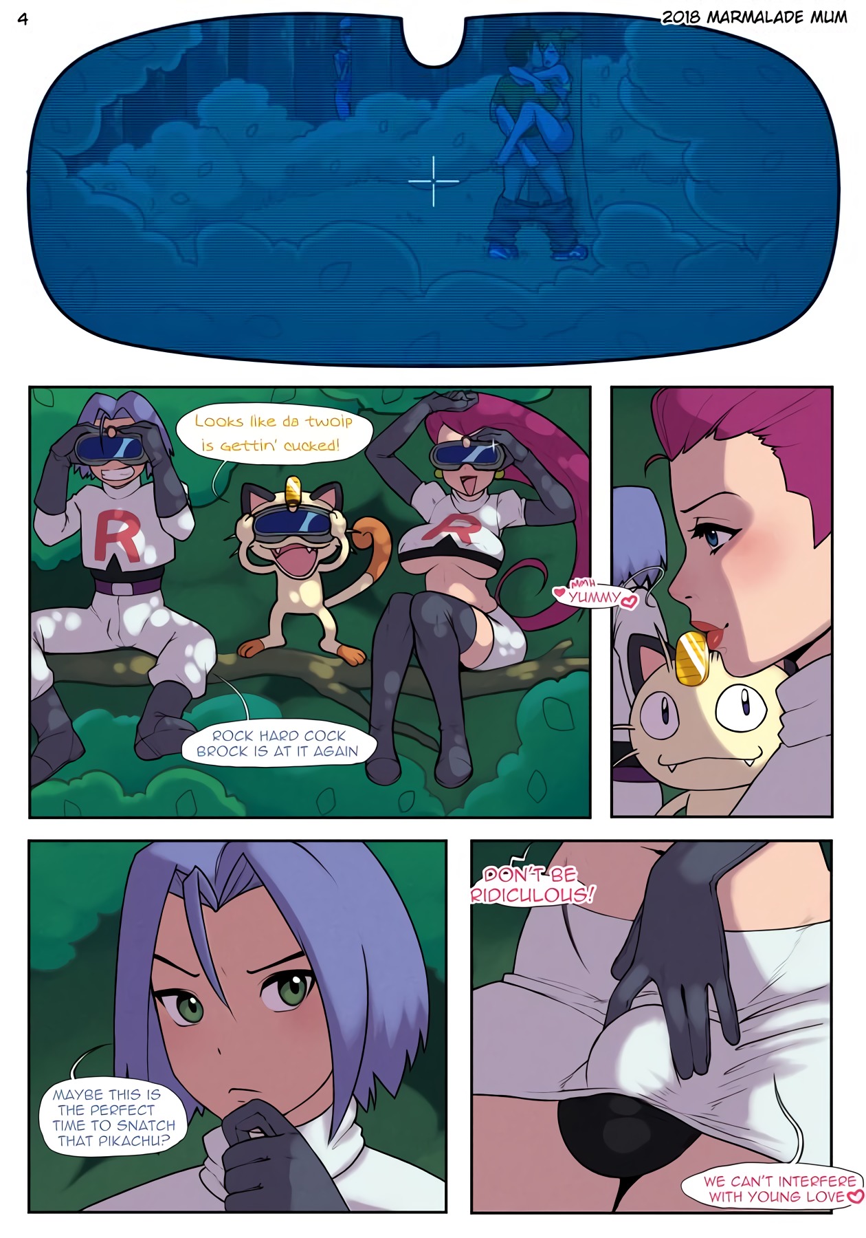 1futa, 1girls, 2018, 3boys, ass, balls, balls bulge, balls in panties, balls under clothes, being watched, binoculars, blush, bottomless, breasts, brock (pokemon), bulge, cheating, closed eyes, comic, comic page, dark skin, dark-skinned male, dated, dickgirl, feline, female, feral, flaccid, forest, furry, futa with female, futa with male, futanari, gym leader, huge breasts, human only, interracial, intersex, james (pokemon), jessie (pokemon), kasumi (pokemon), kissing, legs around partner, male, male with female, male with male, marmalademum, meowth, misty (pokemon), nintendo, panties, panty bulge, penis, penis bulge, penis in panties, penis under clothes, penis under skirt, pokemon, pokemon rgby, ponytail, public sex, pussy, sex, skirt, source request, speech bubble, standing sex, straight, text, vagina, vaginal penetration, voyeur, watermark, wide hips