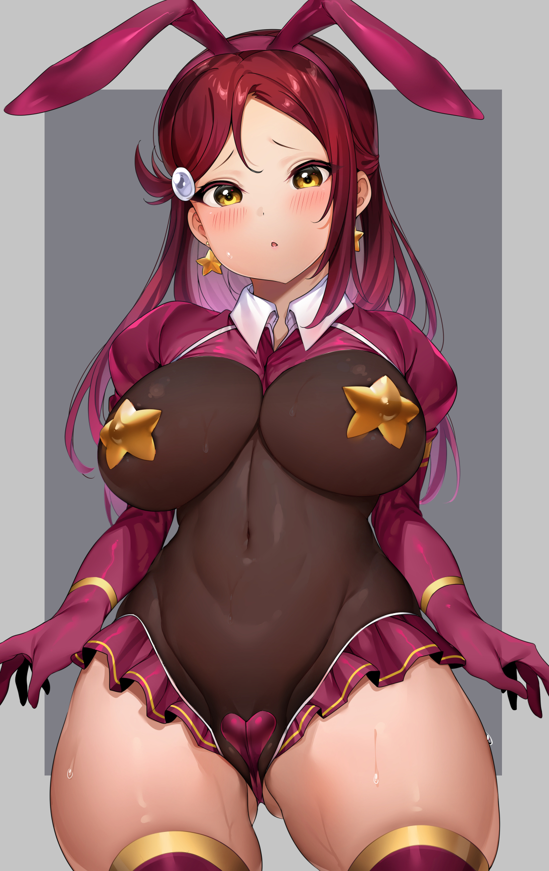 ass visible through thighs, blush, breasts, bunny ears, earrings, female, large breasts, love live!, love live! sunshine!!, maebari, pasties, red hair, revealing clothes, sakurauchi riko, source request, tagme, tem10, thick thighs, thighhighs, wide hips, yellow eyes