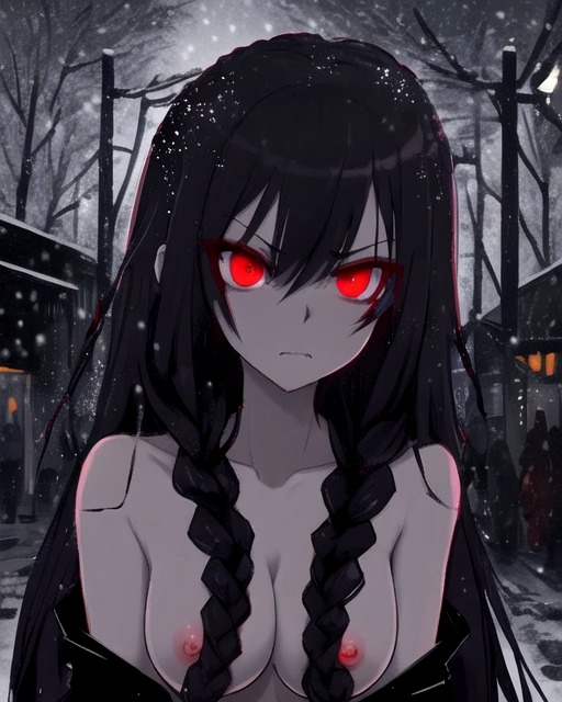 ai_generated black_hair breasts breasts_out coat_down demon demon_girl glaring glaring_at_viewer original_character red_eyes snow snowing