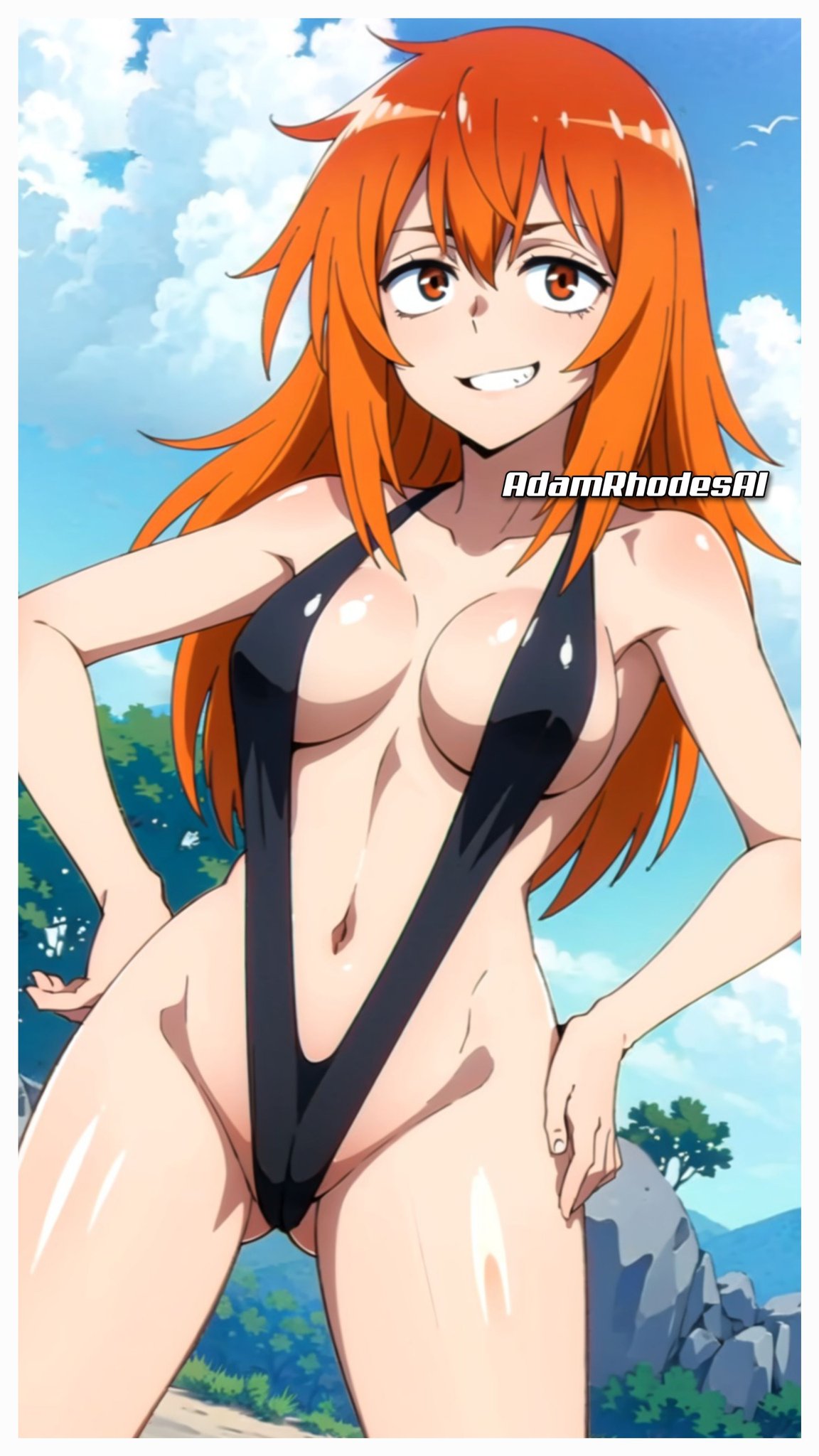 1girls, ai generated, beach, bikini, female, gamo-chan, hands on hips, looking at viewer, please don't bully me, nagatoro, solo, solo female