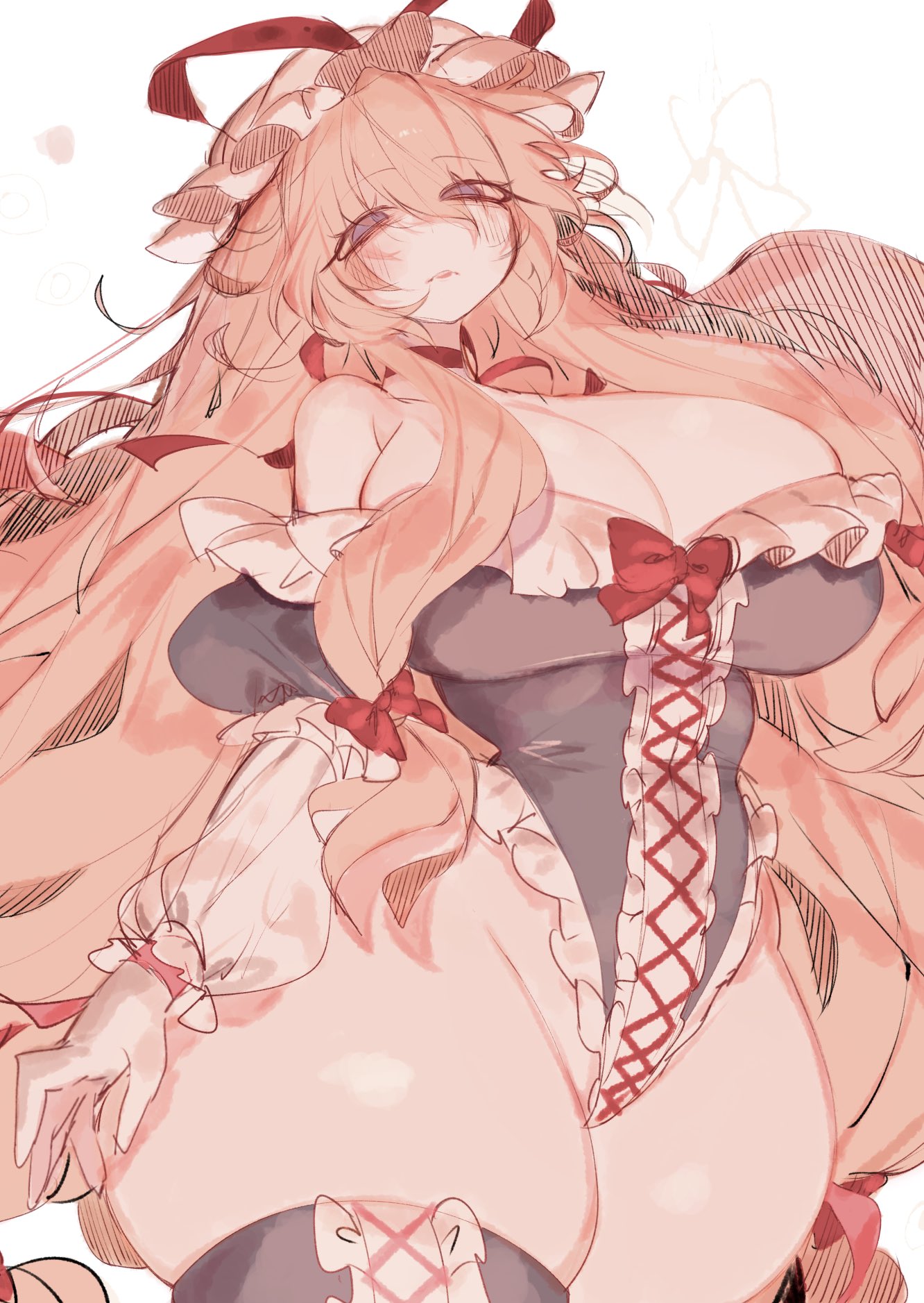 breasts, female, looking at viewer, thick thighs, thighs, touhou, usa37107692, yukari yakumo