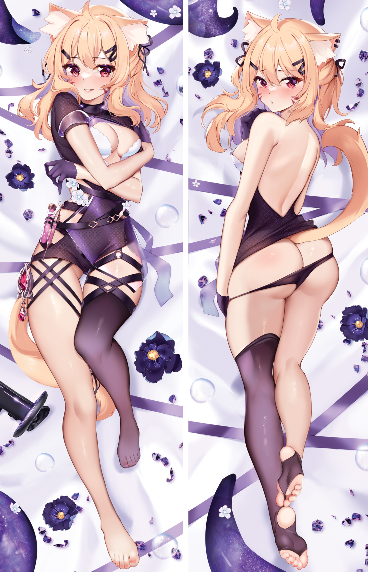 1girls, ahoge, animal ear fluff, animal ears, ass, bare arms, bare shoulders, barefoot, black legwear, black panties, blonde hair, blush, breasts, cat ears, cat girl, cat tail, catgirl, china dress, dakimakura, dakimakura design, dress, face markings, feet, female, female only, fingerless gloves, flower, fox ears, fox tail, full body, gloves, hair ornament, hairclip, long hair, looking at viewer, lying, medium breasts, multiple views, on back, on side, on stomach, panties, parted lips, red eyes, sleeveless, sleeveless dress, soles, squchan, squchan (vtuber), tail, thigh gap, thighhighs, toeless legwear, torn clothes, torn legwear, twintails, underwear, virtual youtuber, vyugen