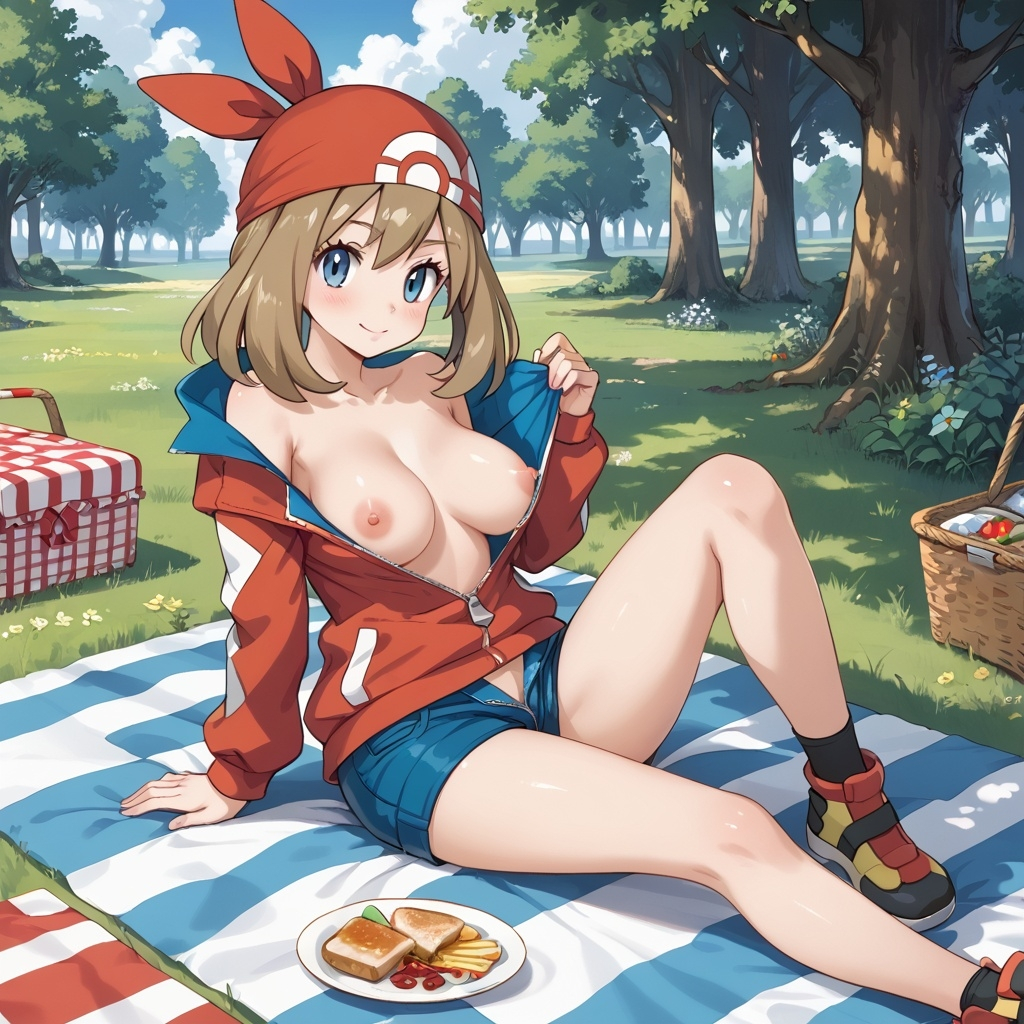 ai_generated may_(pokemon) medium_breasts picnic pointy_chin unzipped_jacket