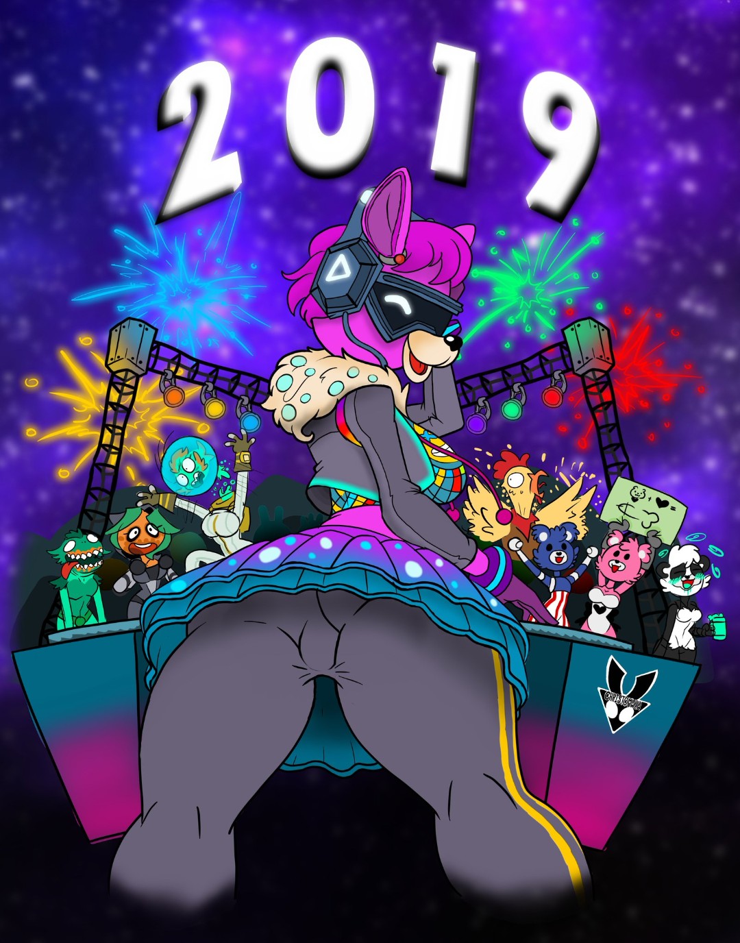 2019 christomwow cuddle_team_leader dj_bop epic_games fireworks fireworks_team_leader fortnite leviathan_(fortnite) looking_at_viewer looking_back moisty_merman new_year nightshade_(fortnite) no_humans panda_team_leader pants skirt spooky_team_leader tagme tender_defender