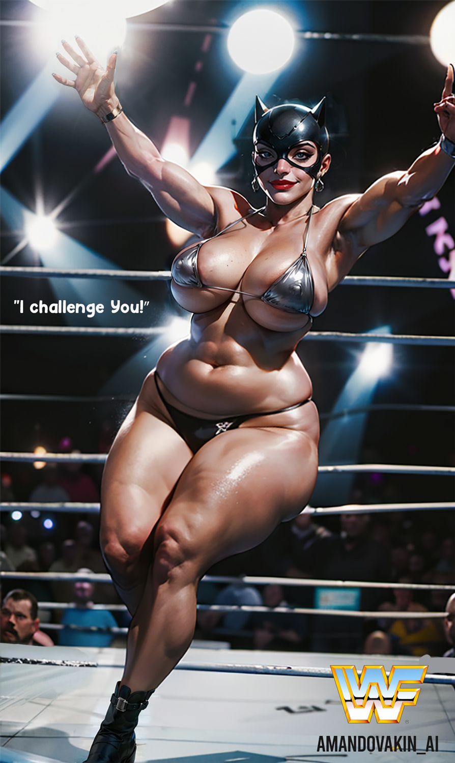 1female 1girls ai_generated amandovakin batman_(series) bbw catwoman chubby curvy dc dc_comics female female_only larger_female masked_female muscles muscular_female pawg selina_kyle solo_female thick villainess voluptuous wrestling