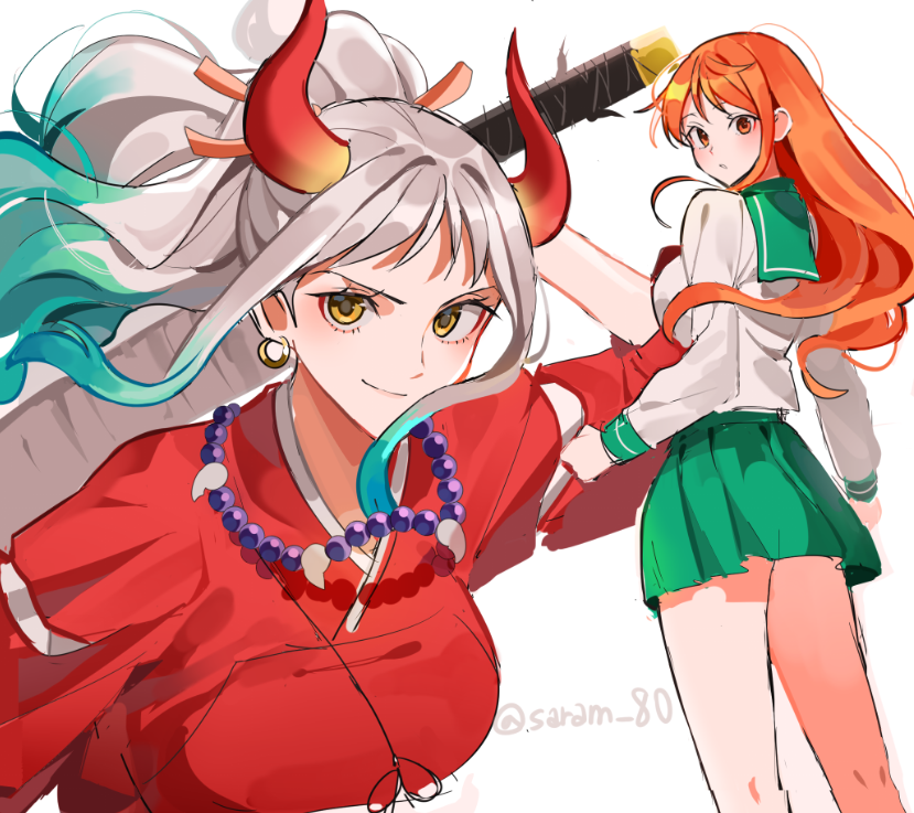 2girls blue_hair breasts cosplay earrings female female_only holding_sword hoop_earrings horns inuyasha inuyasha_(character) joman kagome_higurashi large_breasts long_hair looking_at_viewer multicolored_hair nami necklace one_piece orange_eyes orange_hair ponytail post-timeskip saram_80 school_uniform sword white_hair yamato_(one_piece) yellow_eyes