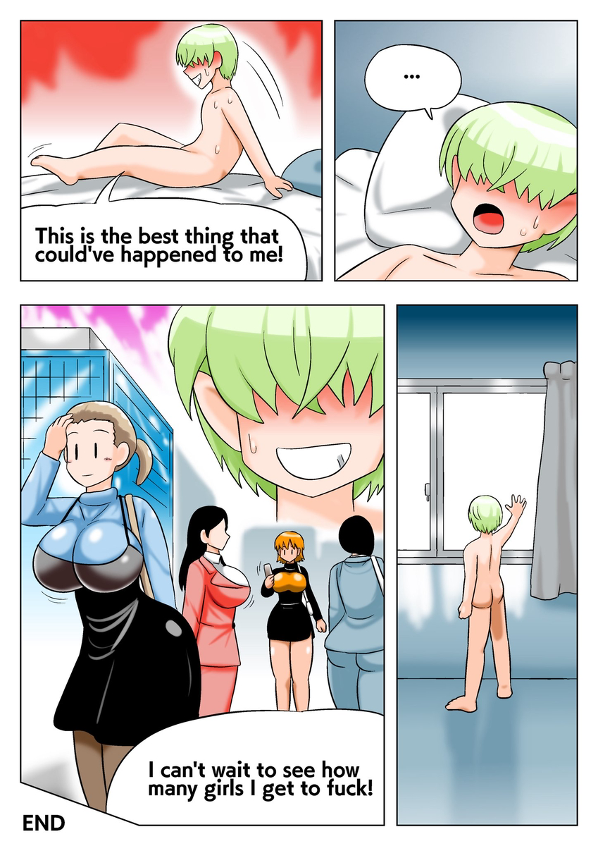 bbwh_(artist) breasts green_hair hair_covering_eyes hospital hospital_bed looking_out looking_out_window nude nude_male oc_(bbwh) original