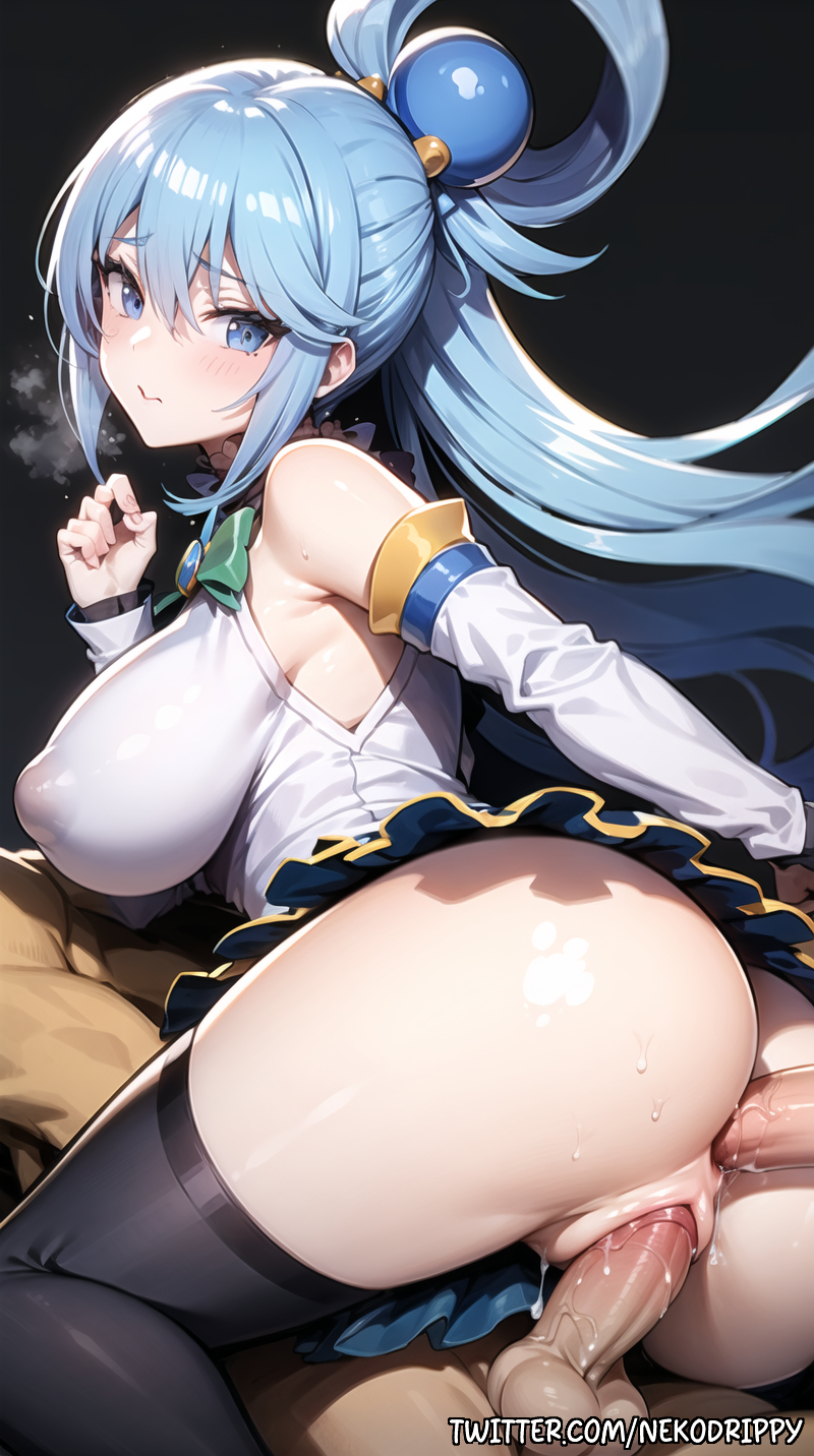 ai generated, anal, anal sex, aqua (konosuba), balls, bareback, big breasts, big cock, big penis, breasts, cum, cumming, cumming together, double penetration, female, forced, highres, juices, kono subarashii sekai ni shukufuku wo!, looking back, male, nekodrippy, penis, precum, pussy, sandwiched, sex, short hair, stable diffusion, testicles, threesome, vaginal penetration, veiny penis, white hair