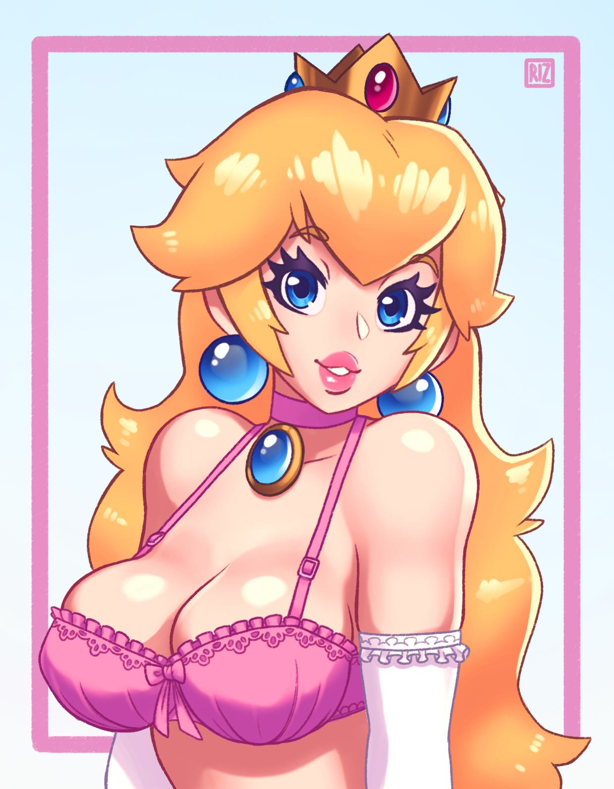 1girls, big breasts, blonde hair, blue eyes, bra, breasts, choker, cleavage, clothing, crown, earrings, elbow gloves, female, female focus, female only, gloves, human, human only, jewelry, long hair, looking at viewer, mario (series), mature female, necklace, nintendo, pink bra, princess peach, rizdraws, shiny, shiny hair, shiny skin, simple background, solo, solo female, solo focus, source request, very long hair, year request