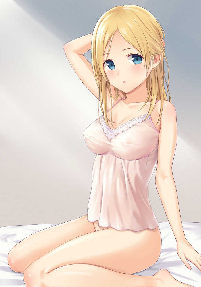 bed bedsheets blonde_hair blue blue_eyes breasts_visible_through_clothing collarbone feet female_only hand_on_own_head light_blush medium_breasts n.g. nightgown nipple_bulge nipples_visible_through_clothing no_panties original original_character see-through_clothing thighs