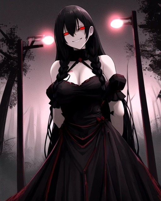 ai_generated black_hair demon demon_girl female fog foggy foggy_background forest forest_background hand_behind_back original_character red_eyes street_lights wicked_smile