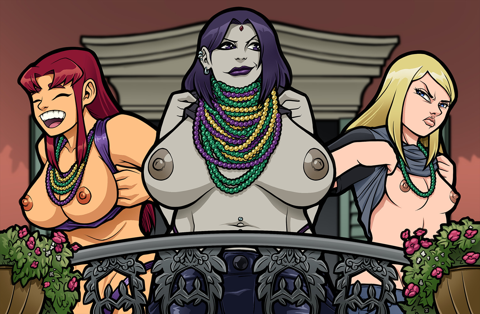 3girls, alternate breast size, breasts, dc, dc comics, fat, fat female, female, female only, justice league, mardi gras, milf raven (dc), multiple females, multiple girls, piercing, raven (dc), starfire, tagme, teen titans, terra, terra (dc), trpxart