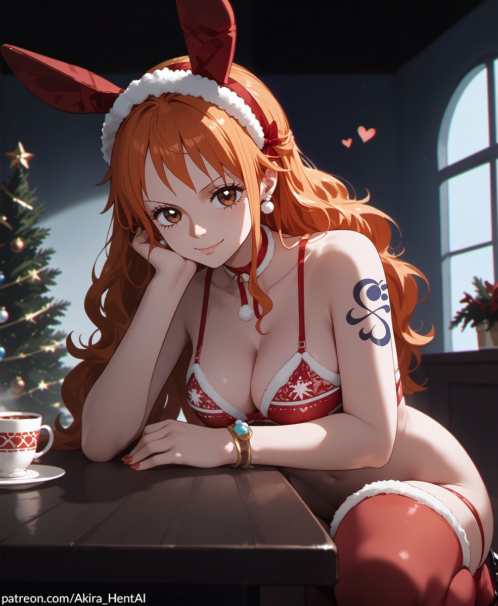 ai_generated akira_hentai big_breasts bunny_ears christmas christmas_clothing christmas_outfit christmas_tree date date_night female female_only gift_wrapped looking_at_viewer nami_(one_piece) one_piece red_bra thick_breasts