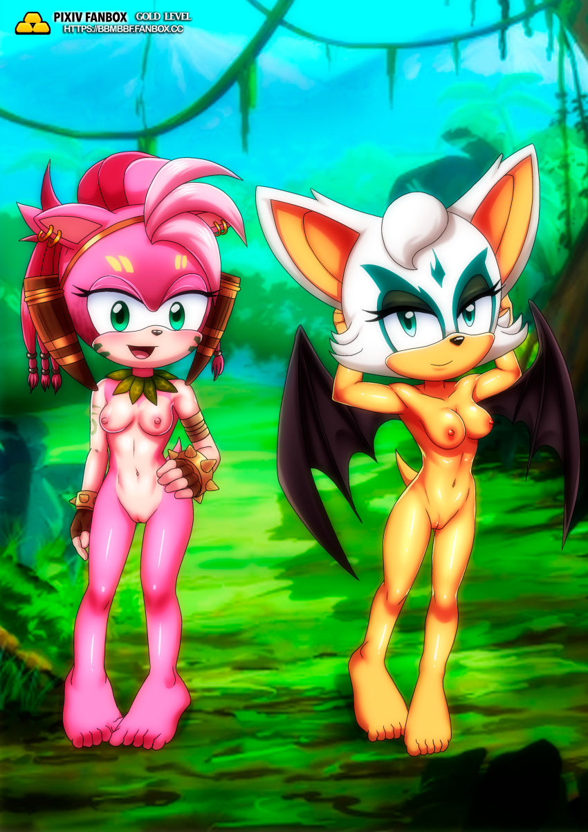 2girls amy_rose anthro armpits barefoot bbmbbf breasts chiropteran feet female female_only green_eyes hedgehog humanoid_feet mobian_(species) mobius_unleashed multiple_girls naked netflix nude palcomix palcomix_vip pietro's_secret_club pink_hair prim_rouge pussy rodent rouge_the_bat sega small_breasts smile sonic_(series) sonic_prime sonic_the_hedgehog_(series) thorn_rose toes uncensored white_hair