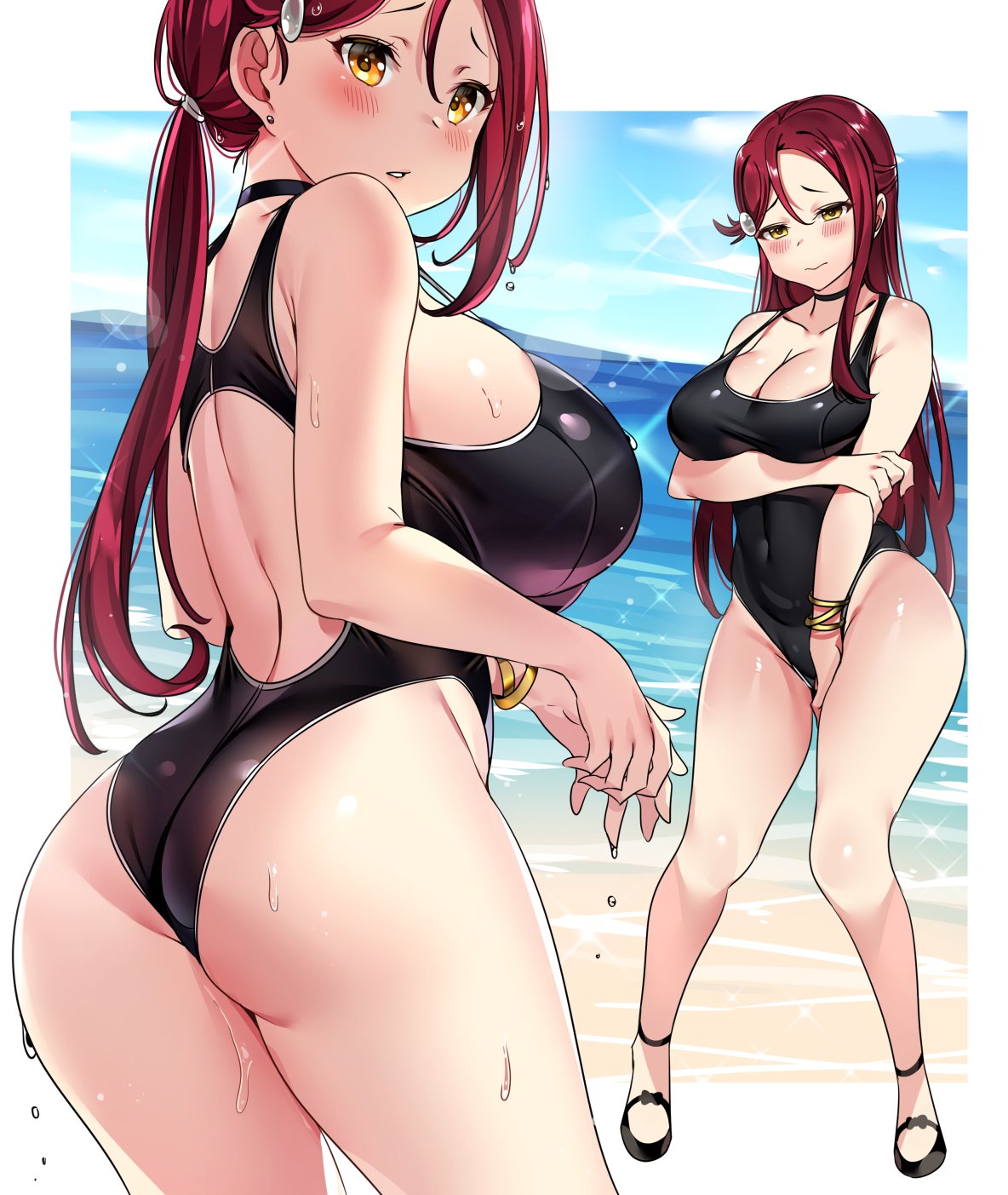 beach blush cleavage embarrassed high_heels large_ass large_breasts long_hair looking_at_viewer love_live! love_live!_sunshine!! ponytail red_hair sakurauchi_riko sideboob source_request swimsuit tem10 wet wide_hips yellow_eyes