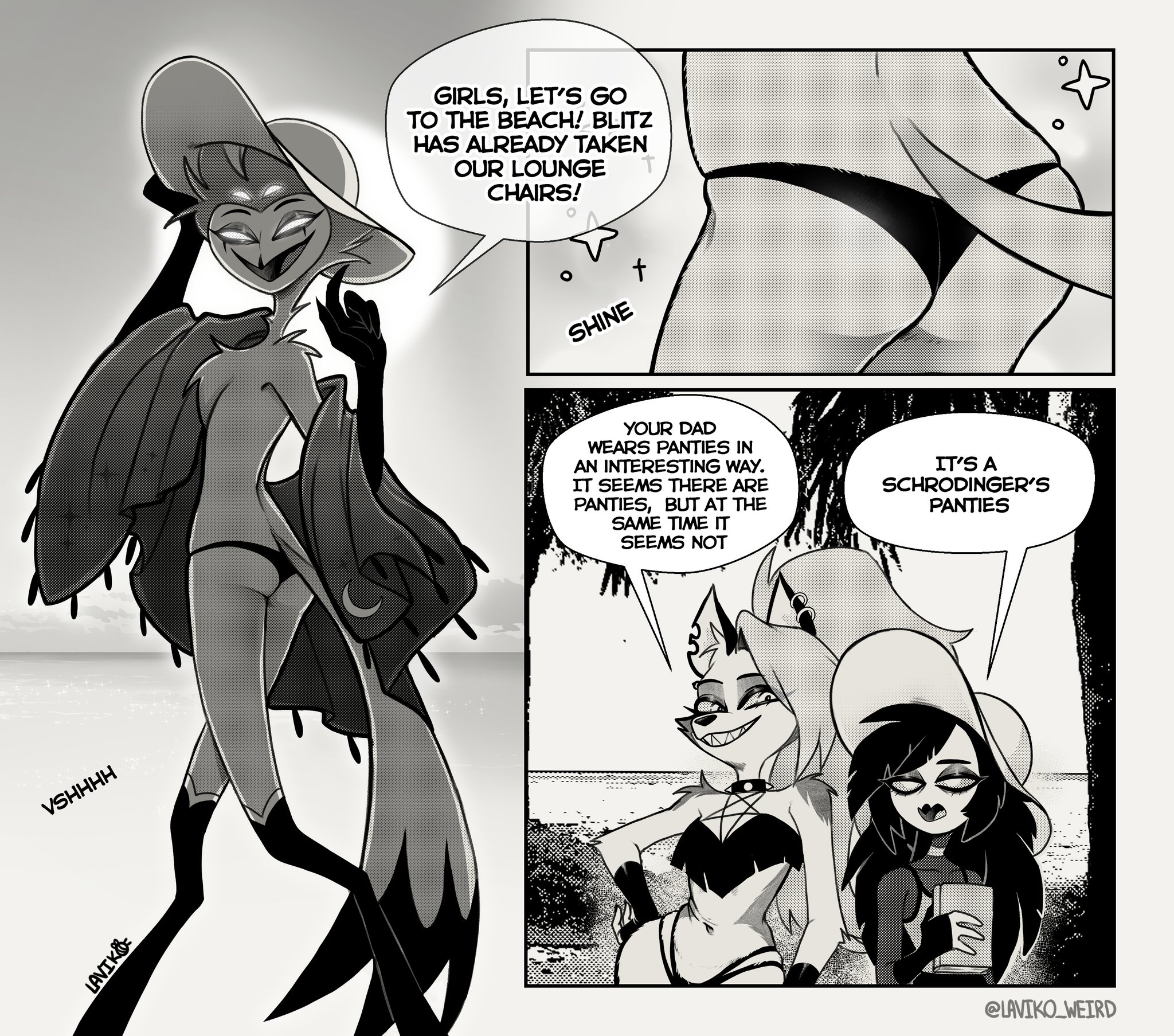 1boy, 2023, 2girls, anthro, artist name, ass, avian, beach, bikini, bird, black and white, canid, canid demon, canine, comic, demon, digital media (artwork), female, fur, hat, headgear, headwear, hellhound, helluva boss, hi res, humor, laviko weird, loona (helluva boss), male, octavia (helluva boss), open mouth, owl, owl demon, panties, smile, speech bubble, stolas (helluva boss), sun hat, swimsuit, tail, text, thong, underwear
