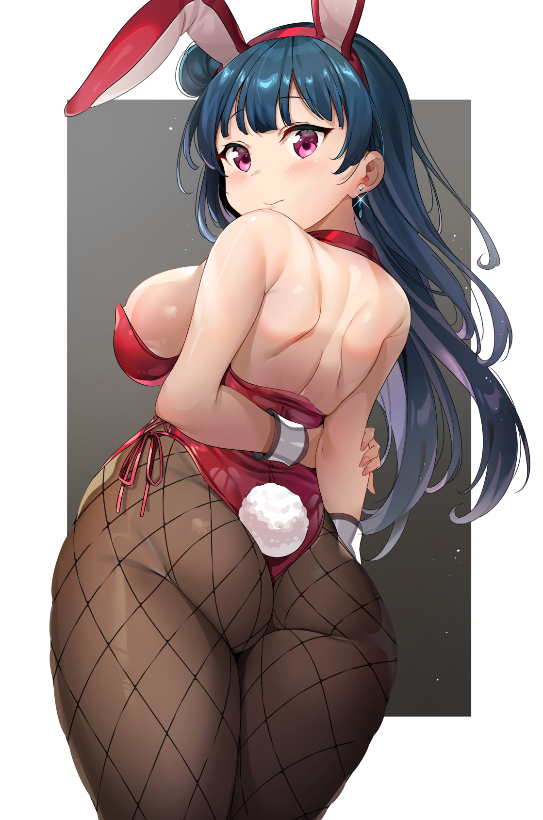 1girls, ass, blue hair, blush, breasts, bunny ears, bunnysuit, collar, earring, female, fishnets, hair bun, handcuffs, large ass, large breasts, long hair, looking at viewer, love live!, love live! sunshine!!, no nude, pantyhose, pink eyes, sideboob, solo, solo female, tem10, thick ass, thick thighs, tsushima yoshiko, wide hips
