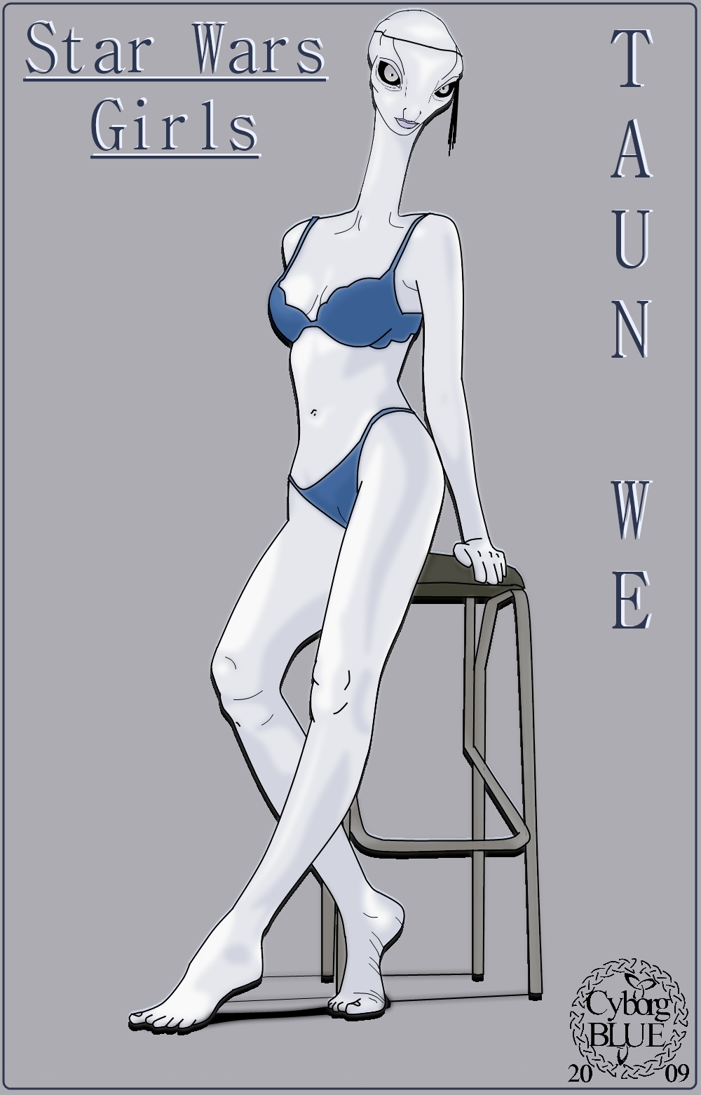 1girls alien alien_girl alien_humanoid blue_bra blue_panties blue_underwear breasts cyborgblue female female_only grey_skin kaminoan medium_breasts panties solo solo_female star_wars taun_we underwear weird