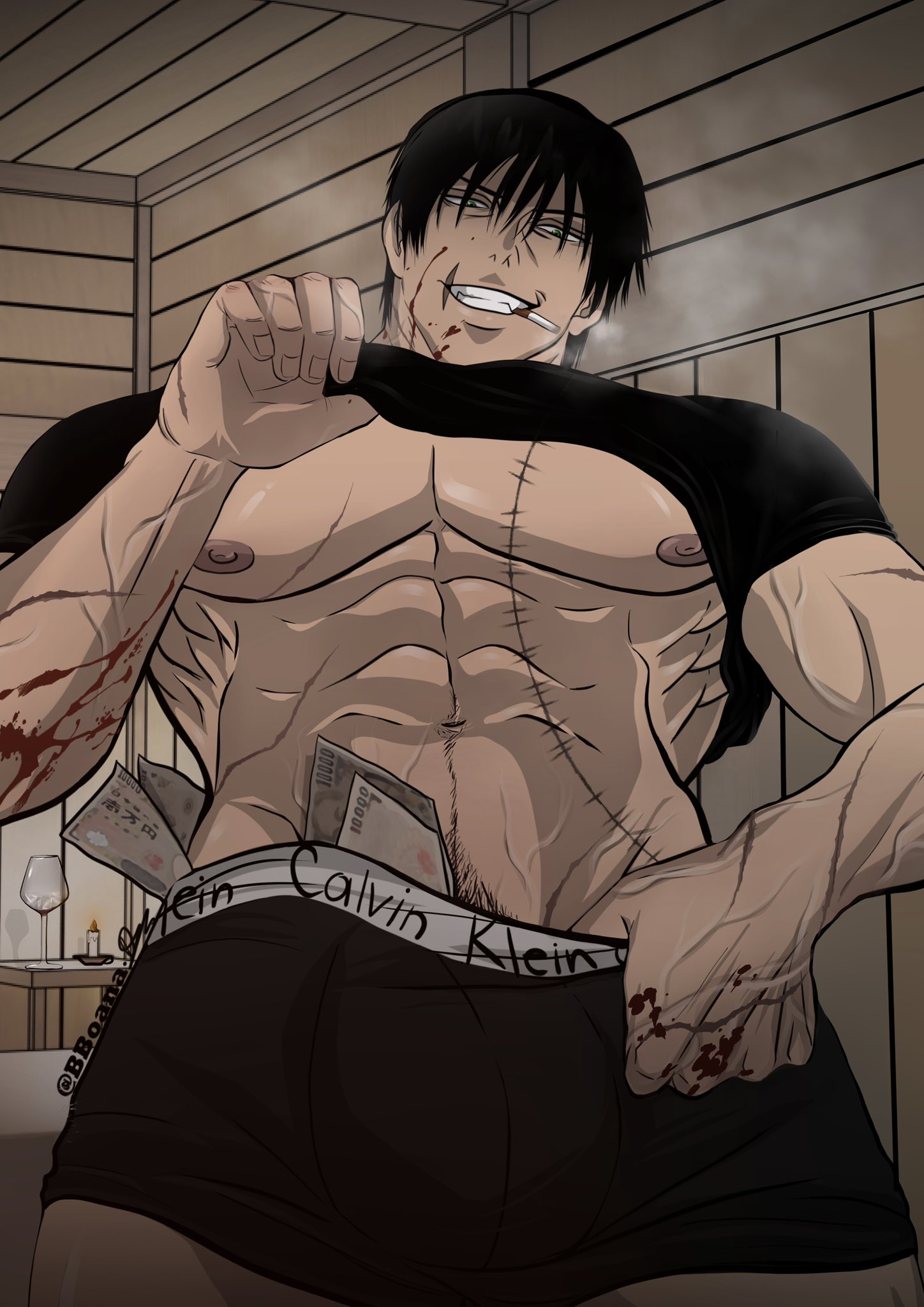 abs, blood, calvin klein, chest, cigarette, happy trail, jujutsu kaisen, looking at viewer, male, male focus, male only, money, money under clothes, muscles, muscular, muscular arms, muscular male, muscular thighs, nipples, pecs, pectorals, shirt, shirt up, smoking, solo, solo focus, solo male, toji fushiguro, underwear, veiny muscles