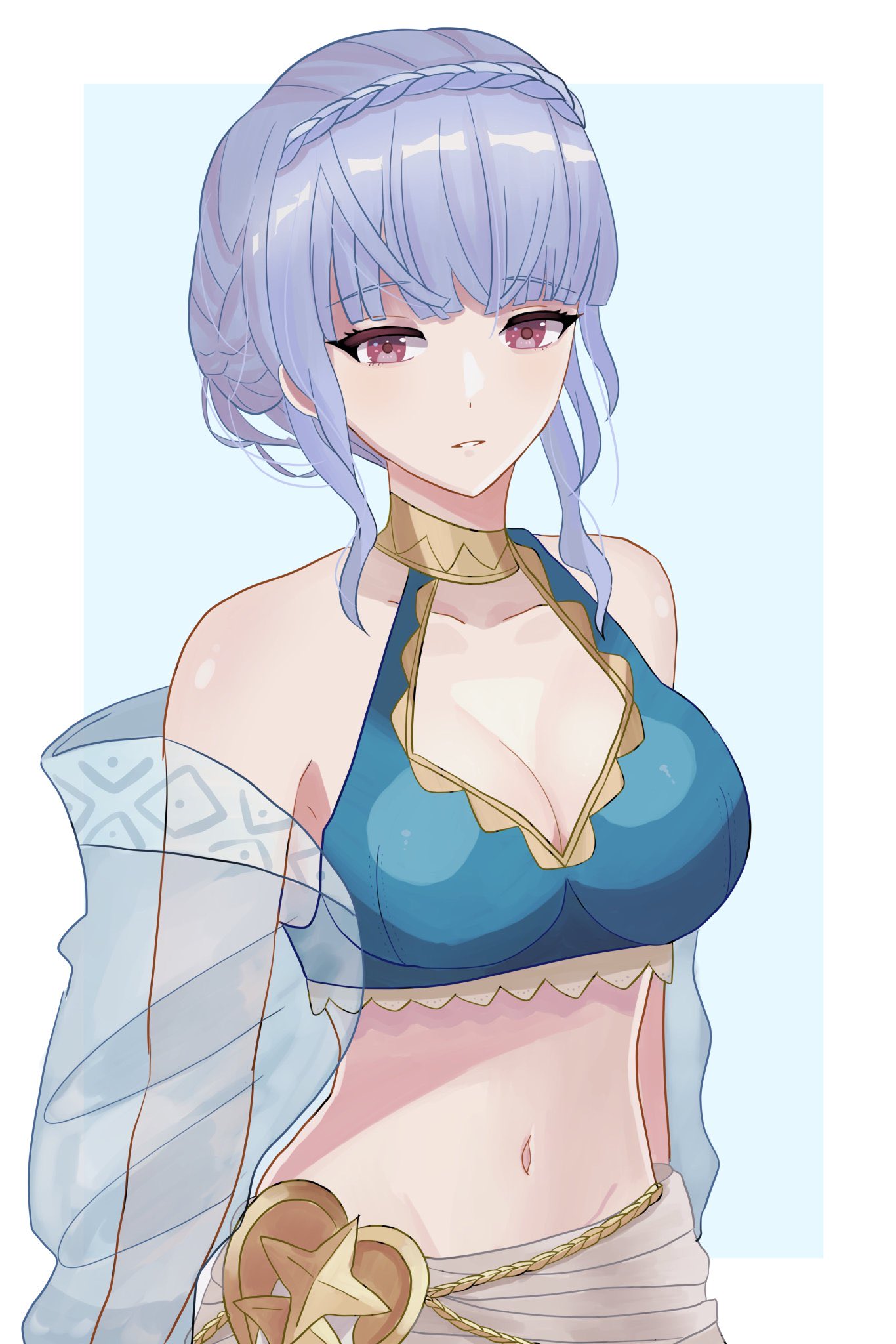 1girls alternate_costume bikini blue_bikini blue_hair blue_swimsuit blunt_bangs braid breasts cleavage crown_braid female female_only fire_emblem fire_emblem:_three_houses fire_emblem_heroes halterneck highres light_blue_hair looking_at_viewer marianne_von_edmund marianne_von_edmund_(summer) medium_breasts n_54 navel nintendo official_alternate_costume parted_lips smooth_skin solo swimsuit teeth upper_body