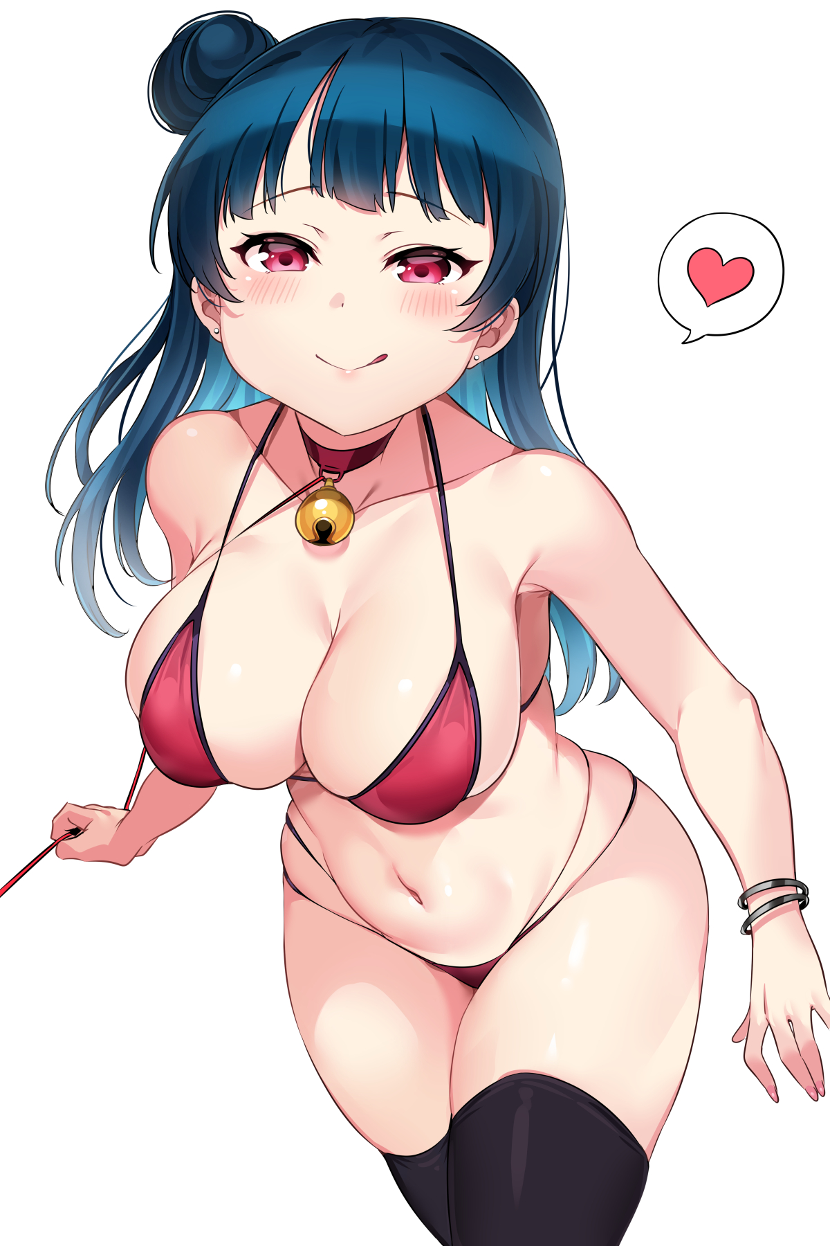 1girls, bangs, bell collar, belly, belly button, bending forward, big breasts, bikini, black legwear, blue hair, blunt bangs, blush, breasts, cleavage, dark blue hair, earrings, eyebrows visible through hair, eyelashes, female, female only, hair bun, heart, hi res, high resolution, highres, jingle bell, large breasts, leaning forward, legwear, light skin, light-skinned female, looking at viewer, love live!, love live! sunshine!!, medium hair, micro bikini, multi-strapped bikini, nail polish, navel, pink eyes, shiny, shiny skin, sideboob, sidelocks, simple background, skindentation, smile, solo, solo female, swimsuit, tem10, thighhighs, thin waist, tongue, tongue out, tsushima yoshiko, wide hips
