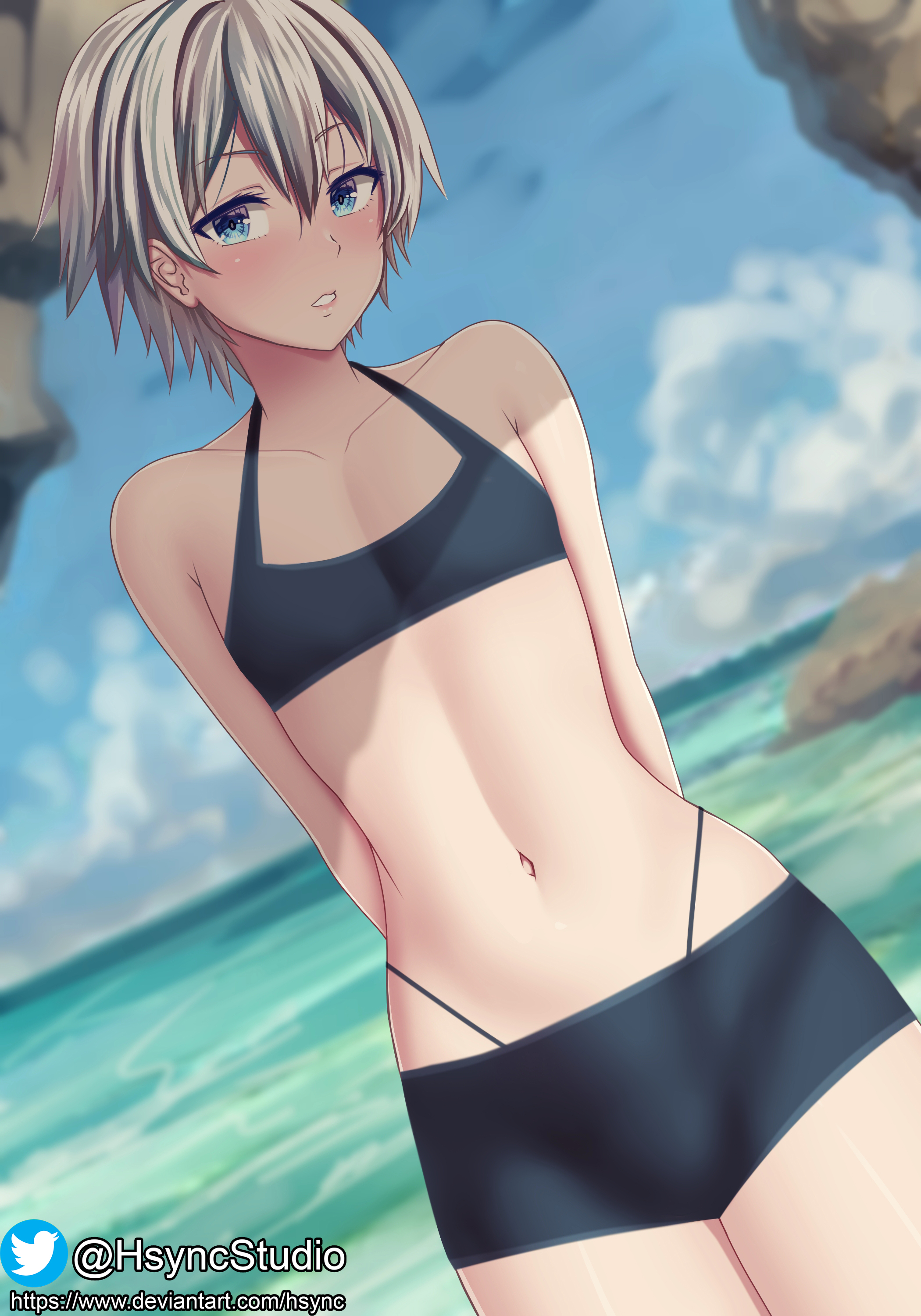 1boy, beach, bikini, blue eyes, crossdressing, female, femboy, feminine male, girly, grey hair, hsync, looking at viewer, male, male only, my teen romantic comedy snafu, ocean, otoko no ko, otokonoko, short hair, sky, solo, standing, tomgirl, totsuka saika, trap