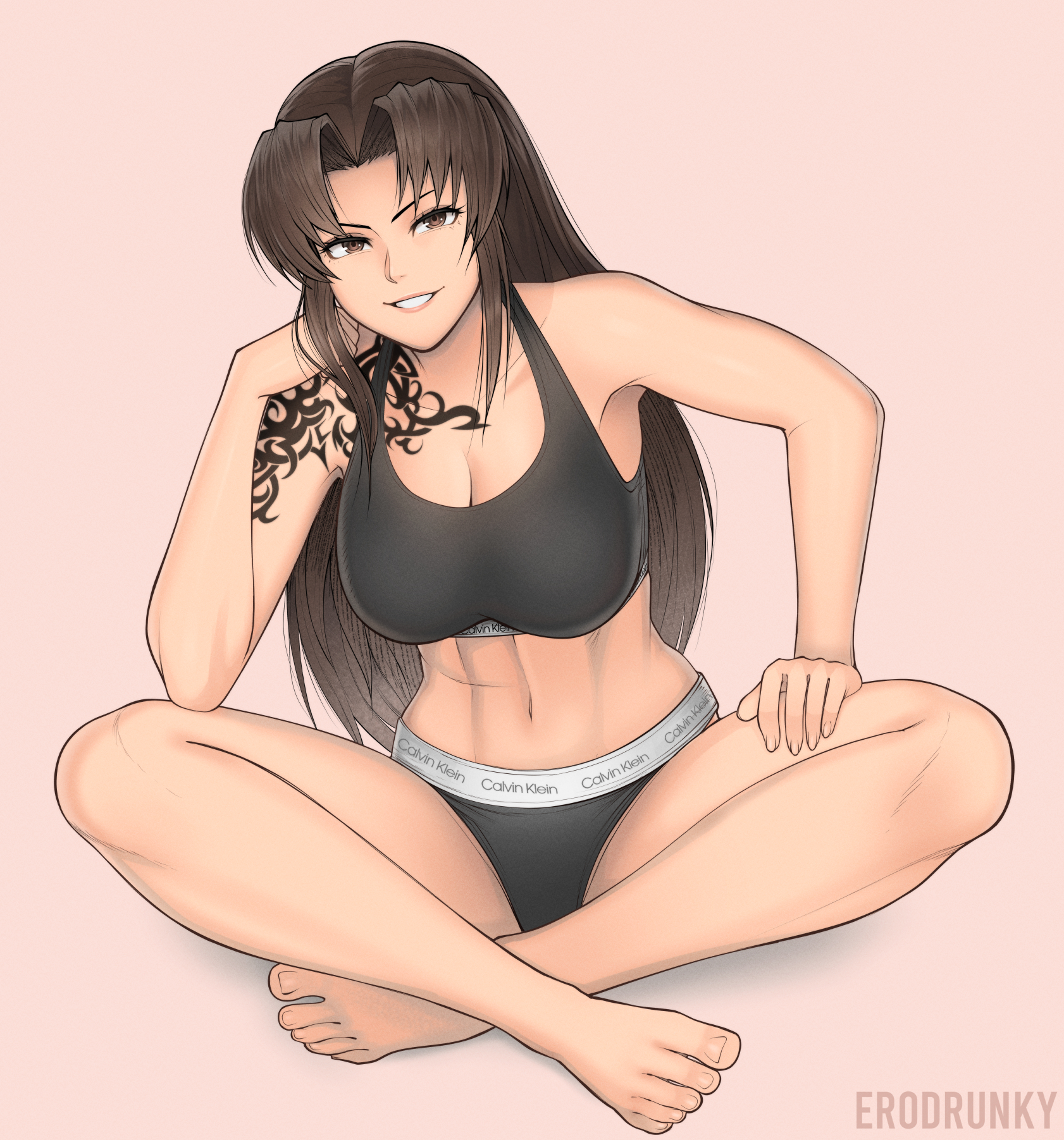 1girls, artist name, athletic, athletic female, black lagoon, breasts, brown eyes, brown hair, calvin klein, cleavage, crossed legs, erodrunky, female, female only, fit, fit female, front view, huge breasts, long hair, looking at viewer, navel, panties, revy, sitting, sports bra, tattoo, underwear, voluptuous