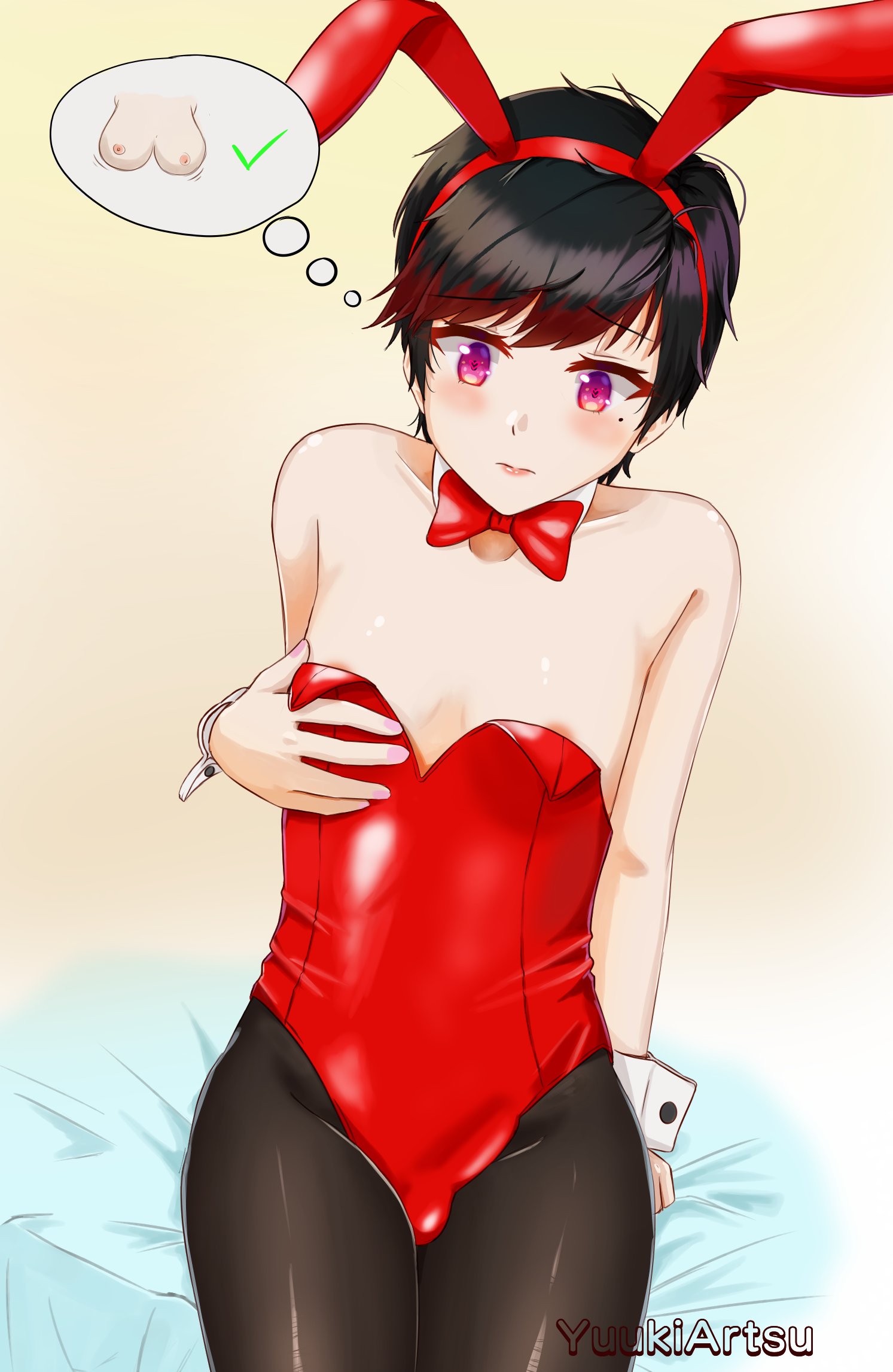 1boy, animal ears, black hair, blush, breasts, brown pantyhose, bulge, bunny ears, bunnysuit, cosplay, crossdressing, detached collar, erection, erection under clothes, fake animal ears, female, femboy, feminine male, girly, highleg, highleg leotard, highres, imagining, leotard, male, male only, male playboy bunny, nipples, original, otoko no ko, otokonoko, pantyhose, playboy bunny, rabbit ears, red eyes, red leotard, short hair, solo, strapless, strapless leotard, thought bubble, tomgirl, trap, wrist cuffs, yuukiartsu