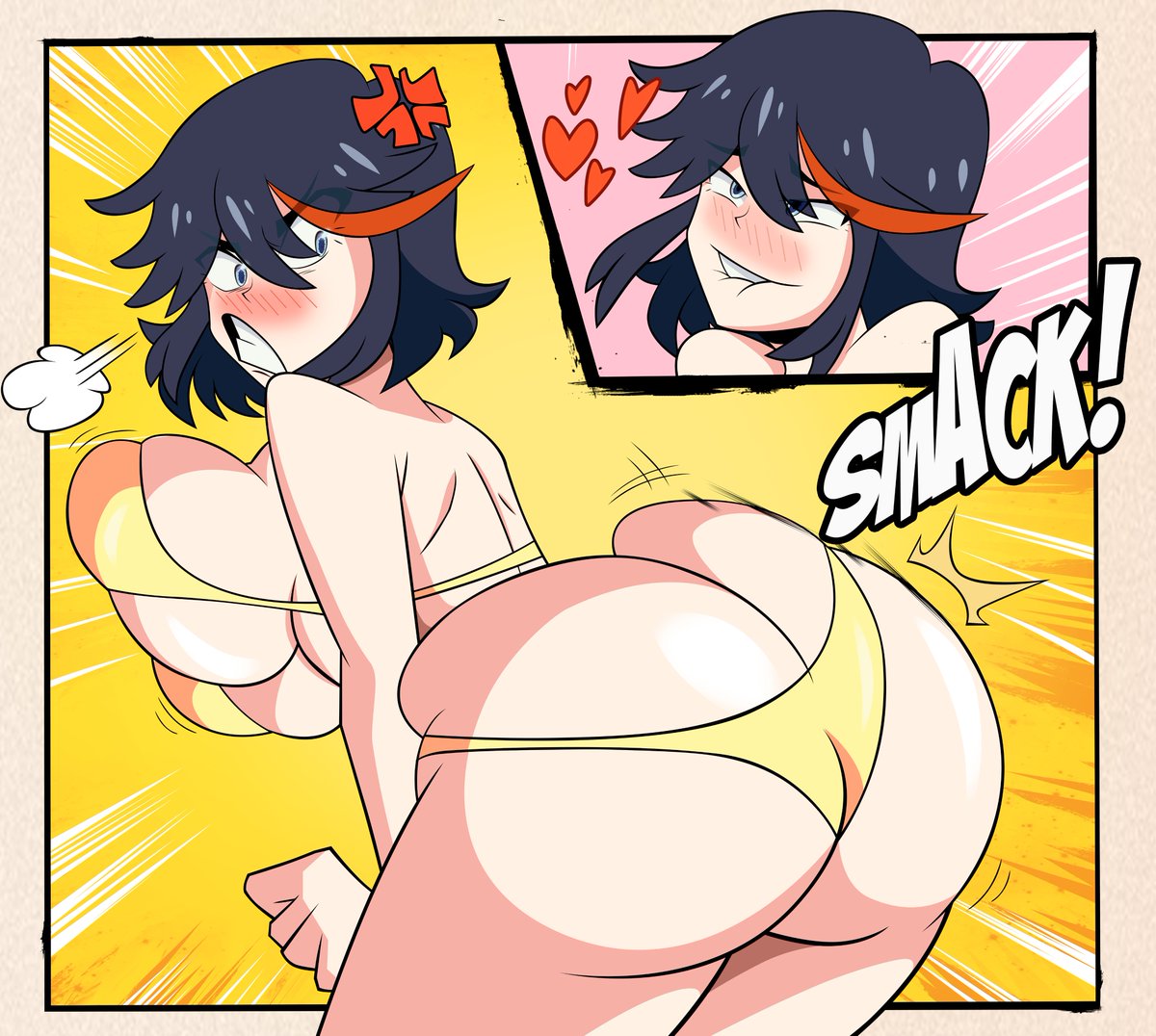 1girls angry ass_cleavage ass_slap big_ass big_breasts big_butt bikini bikini_bottom bikini_top biting_lip black_hair blush butt_crack curvy fat_ass female female_only grimphantom huge_ass huge_breasts human kill_la_kill large_ass large_breasts matoi_ryuuko pleasure_face red_streak secretly_loves_it solo spanking_ass thick_ass thick_thighs wide_hips