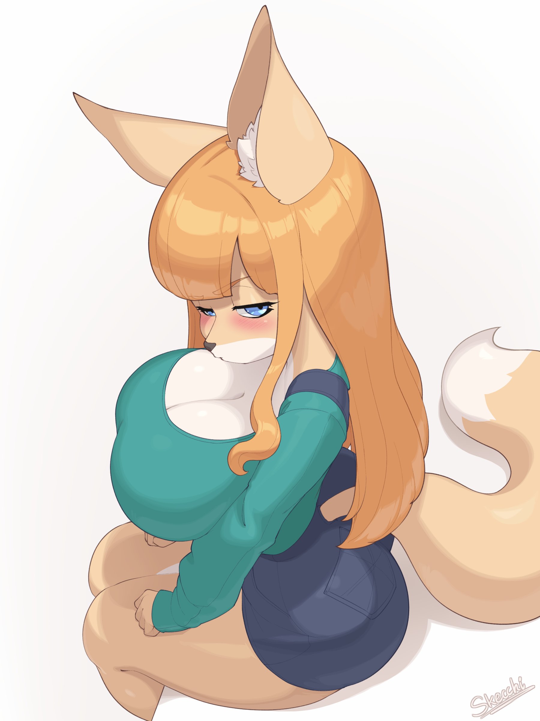 1girls, absurd res, anthro, ass, biped, blue clothing, blush, bottomwear, breasts, canid, canine, cleavage, clothing, dipstick tail, female, green clothing, hi res, looking at viewer, mammal, markings, shirt, shorts, simple background, sitting, skecchiart, solo, tail, tail markings, thick thighs, topwear