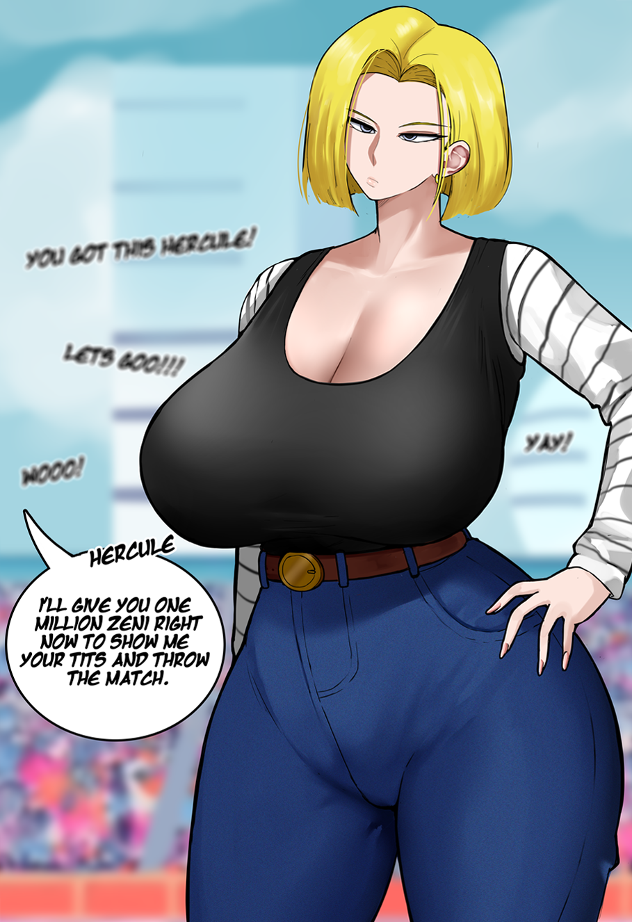 1girls android android_18 android_girl big_breasts blonde_hair breasts busty cleavage curvaceous curvy curvy_body curvy_female curvy_figure dragon_ball dragon_ball_z english english_text female huge_breasts large_breasts massive_breasts milf mother text tuna_(artist) voluptuous