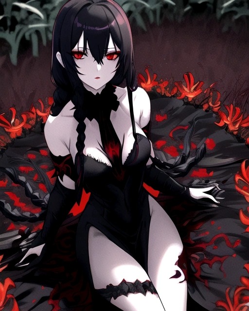 ai_generated black_hair female female_focus female_only looking_at_viewer original_character red_eyes red_flowers red_spider_lilies sitting sitting_down