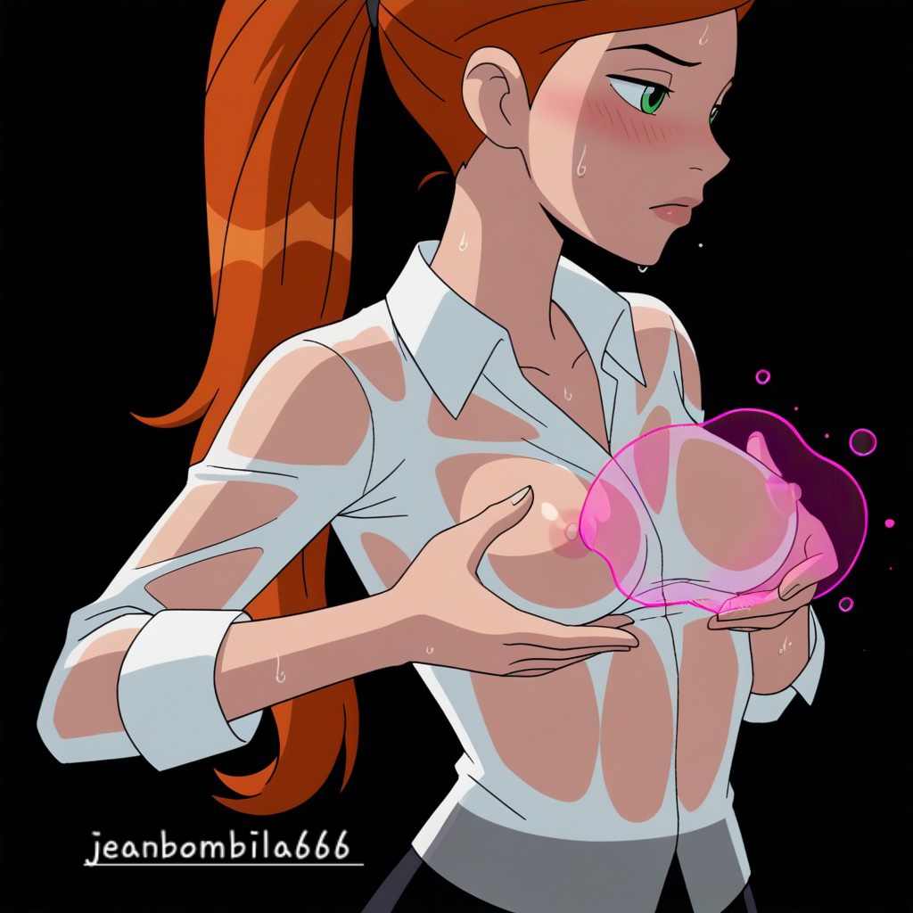1girls, ai generated, animated, ben 10, ben 10 alien force, ben 10 ultimate alien, big breasts, breasts, cartoon network, female, female focus, female only, gwen tennyson, gwen tennyson (alien force), gwen tennyson (ultimate alien), jeanbombila666, long hair, nipples, red hair