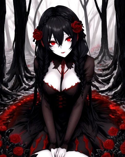 ai_generated black_hair demon demon_girl female female_focus female_only flower_in_hair forest forest_background looking_at_viewer original_character red_eyes red_flowers sitting_down snow