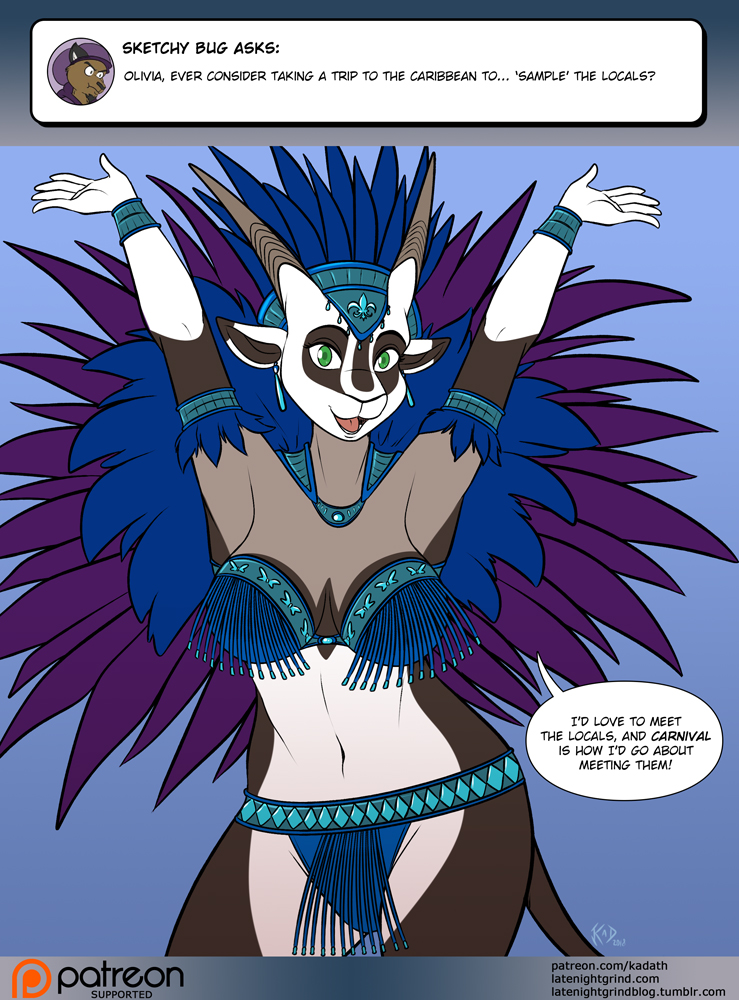 1girls 2018 antelope anthro big_breasts breasts carnival clothed colored_hair dress english_text green_eyes horns kadath kadath_tumblr_ask kadath_universe looking_at_viewer olivia_(kadath) patreon samba simple_background solo tail text