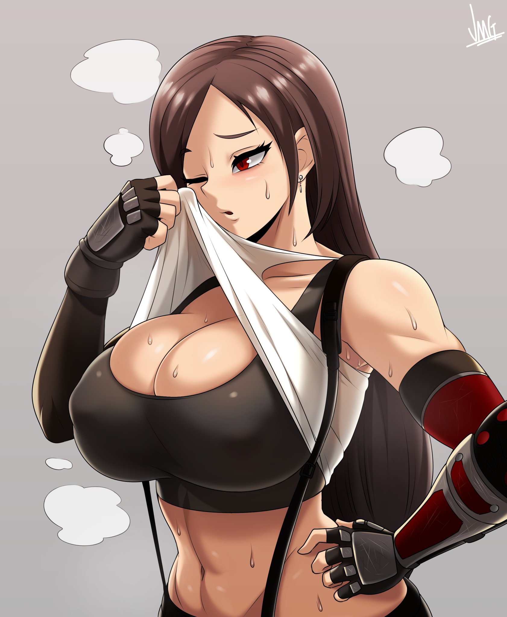 bra, breasts, erect nipples, female, final fantasy, final fantasy vii, huge breasts, large breasts, nipples, sports bra, tifa lockhart, white shirt