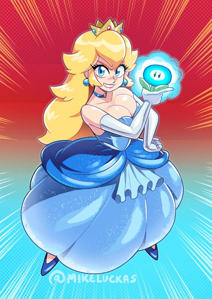 1girls alternate_costume blonde_hair blue_eyes breasts cleavage crown datskelebutt dress earrings elbow_gloves female female_only gloves ice_flower illumination_entertainment long_hair looking_at_viewer mario_(series) nintendo power_up princess_peach smile solo super_mario_bros. super_mario_bros._(2023_film)