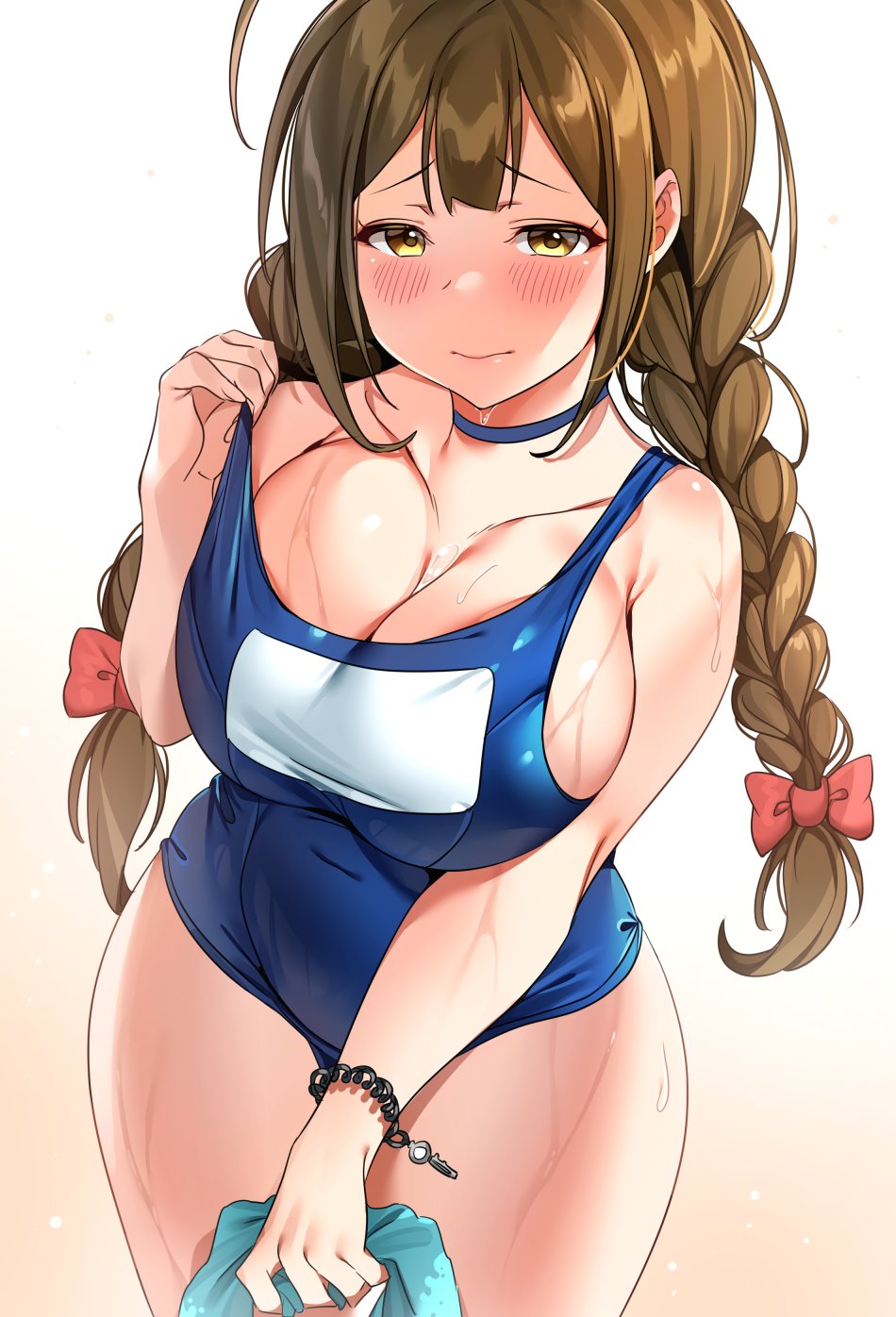 blush, breasts, brown eyes, brown hair, collar, embarrassed, female, huge breasts, swimsuit, tagme, tem10, thick thighs, wide hips