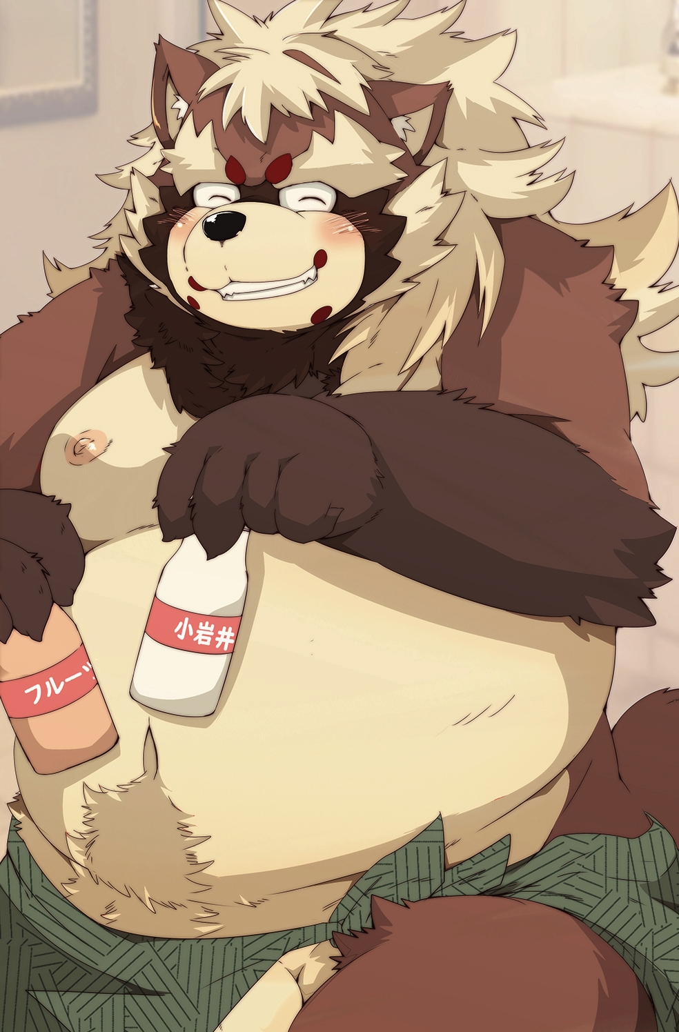 anthro balls barely_visible_balls barely_visible_genitalia belly beverage big_balls big_belly body_hair canid canine genitals goemon_(tas) grin hair happy_trail hi_res long_hair male male_only mammal milk moobs nipples overweight overweight_male pubes raccoon_dog smile solo tanuki tokyo_afterschool_summoners towel tsurugi23 video_games wet